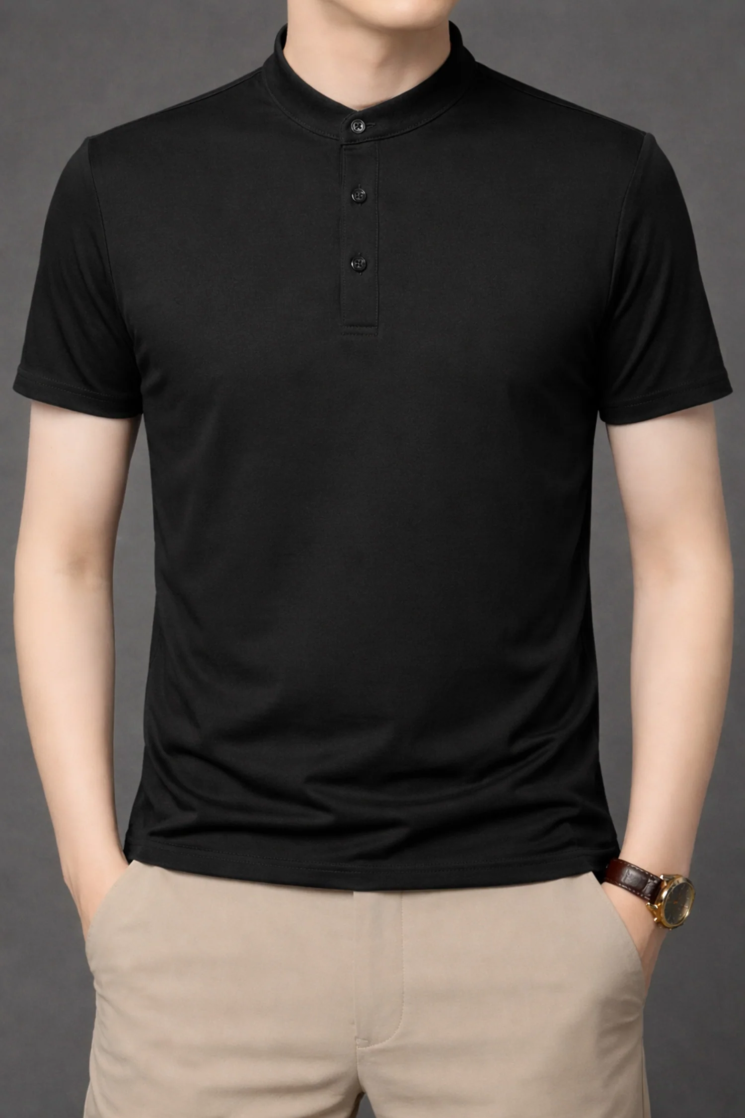 Elegance Fit Henley Neck Button Tee - Image 4
