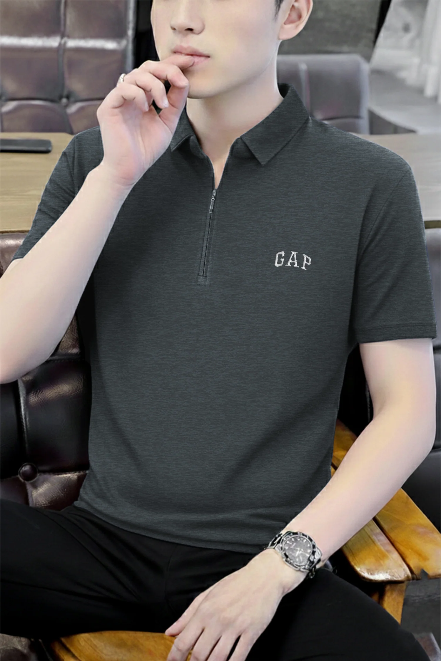 GP Zip Style Collared Men's Polo Shirt In Grey