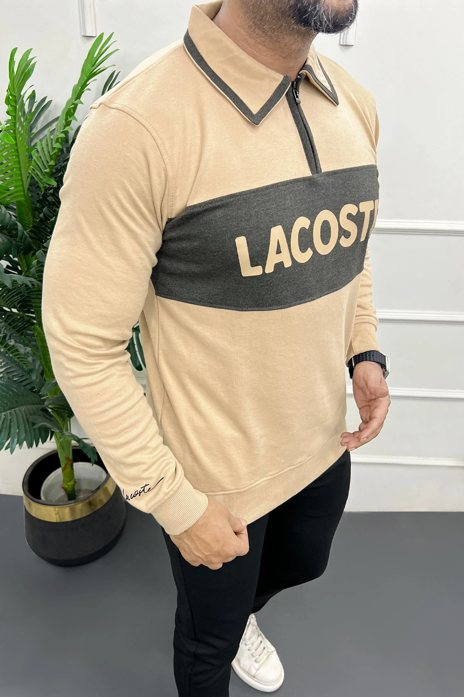 Lcste Color-Block Panel Imported Men's Sweatshirt In Light Camel - Image 2