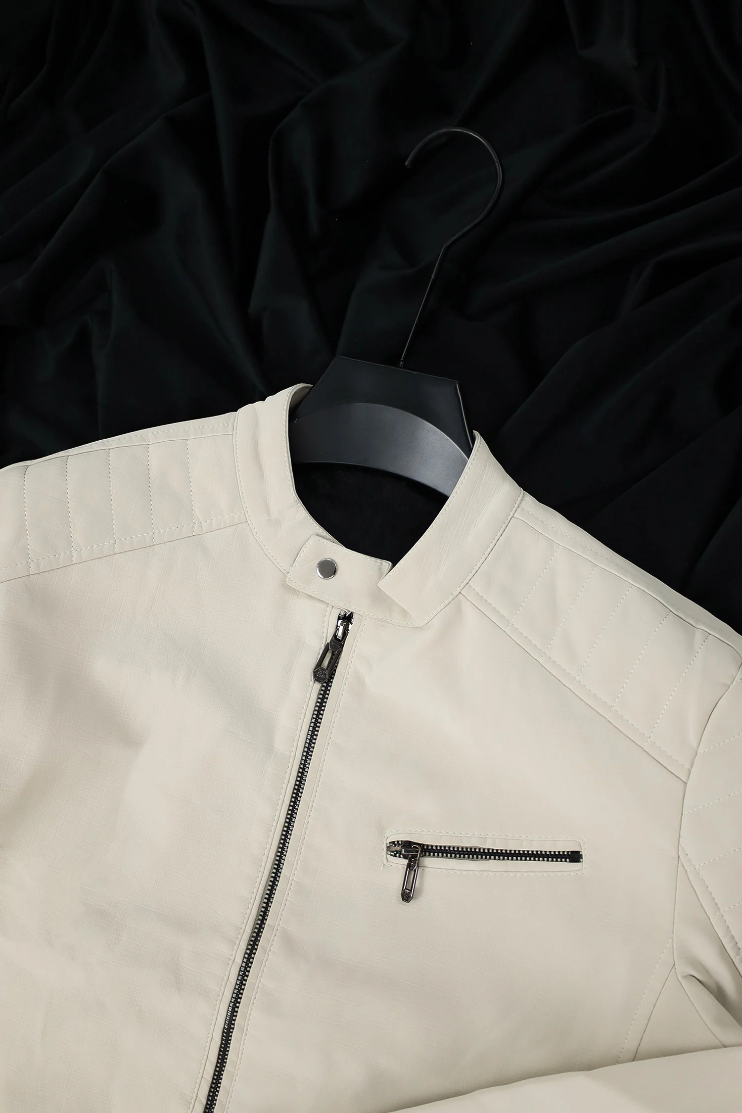 Men's Ban Button Style Suede Leather Jacket In Cream - Image 3