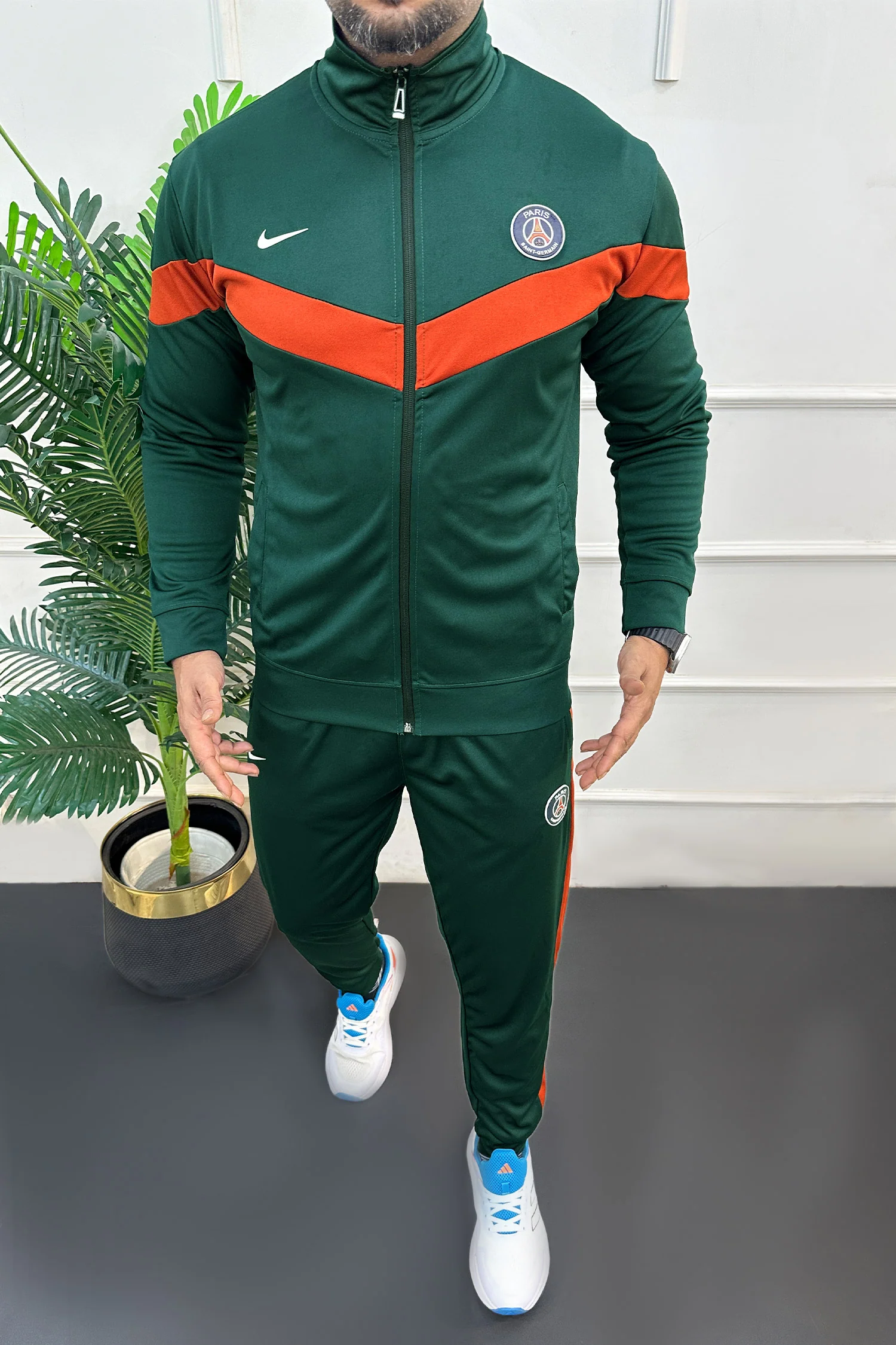 Nke Diagonal V Panel Signature Full Zipper Tracksuit In Dark Green - Image 2