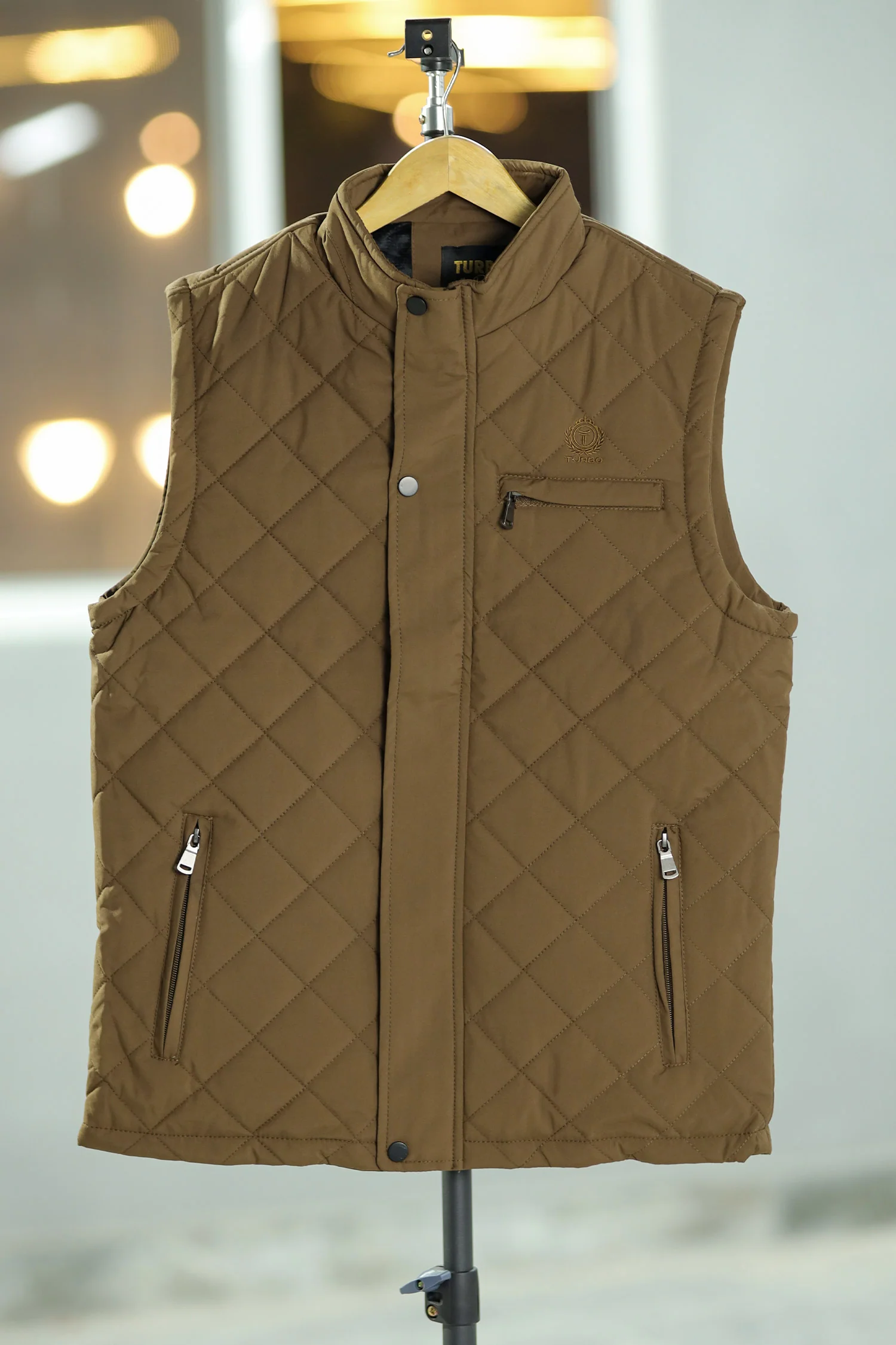 Stone Quilted Imported Men's Gilet In Camel - Image 2