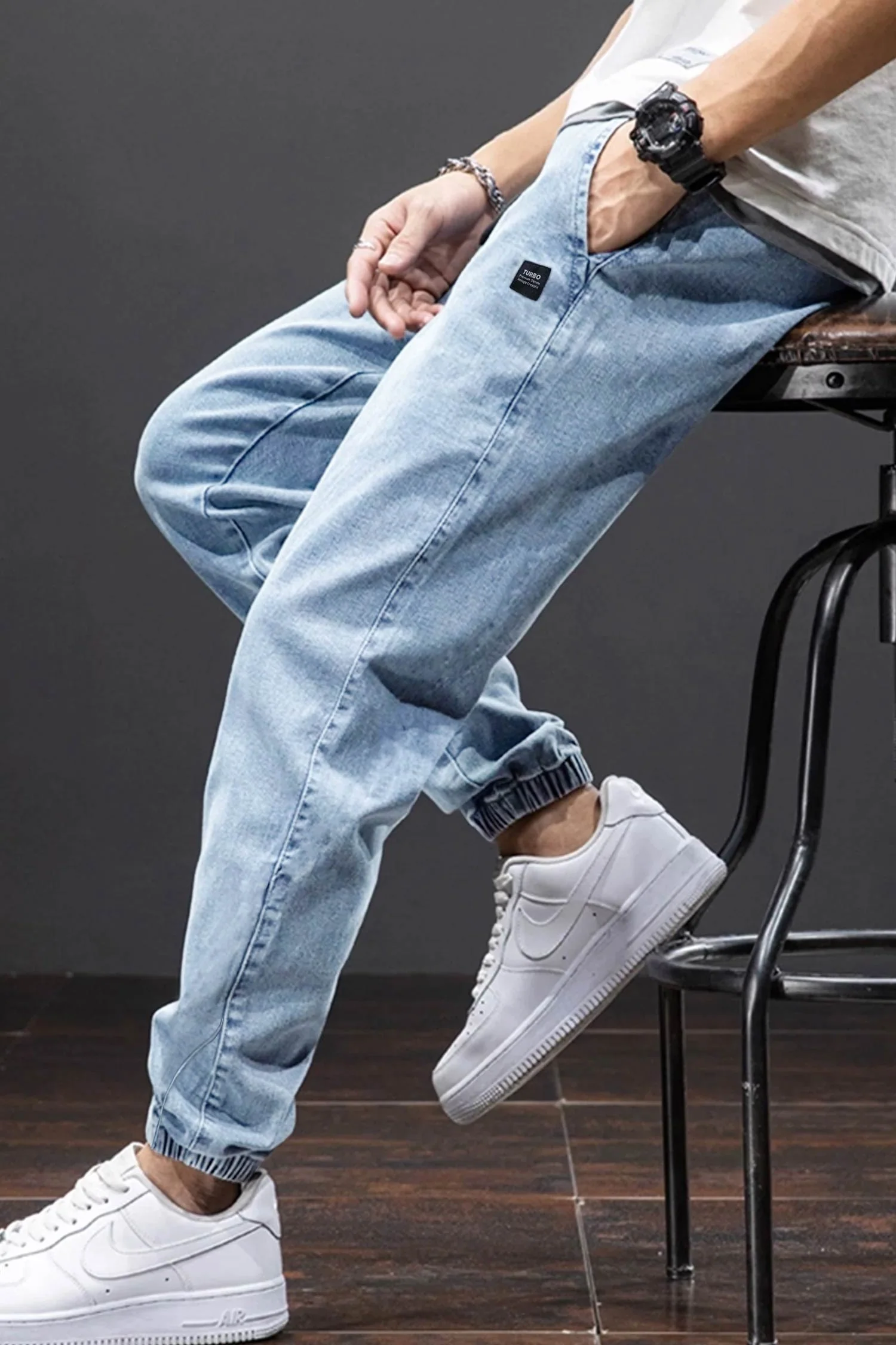 Street Wear Denim Turbo Jogger Pant in Light Blue - Image 3