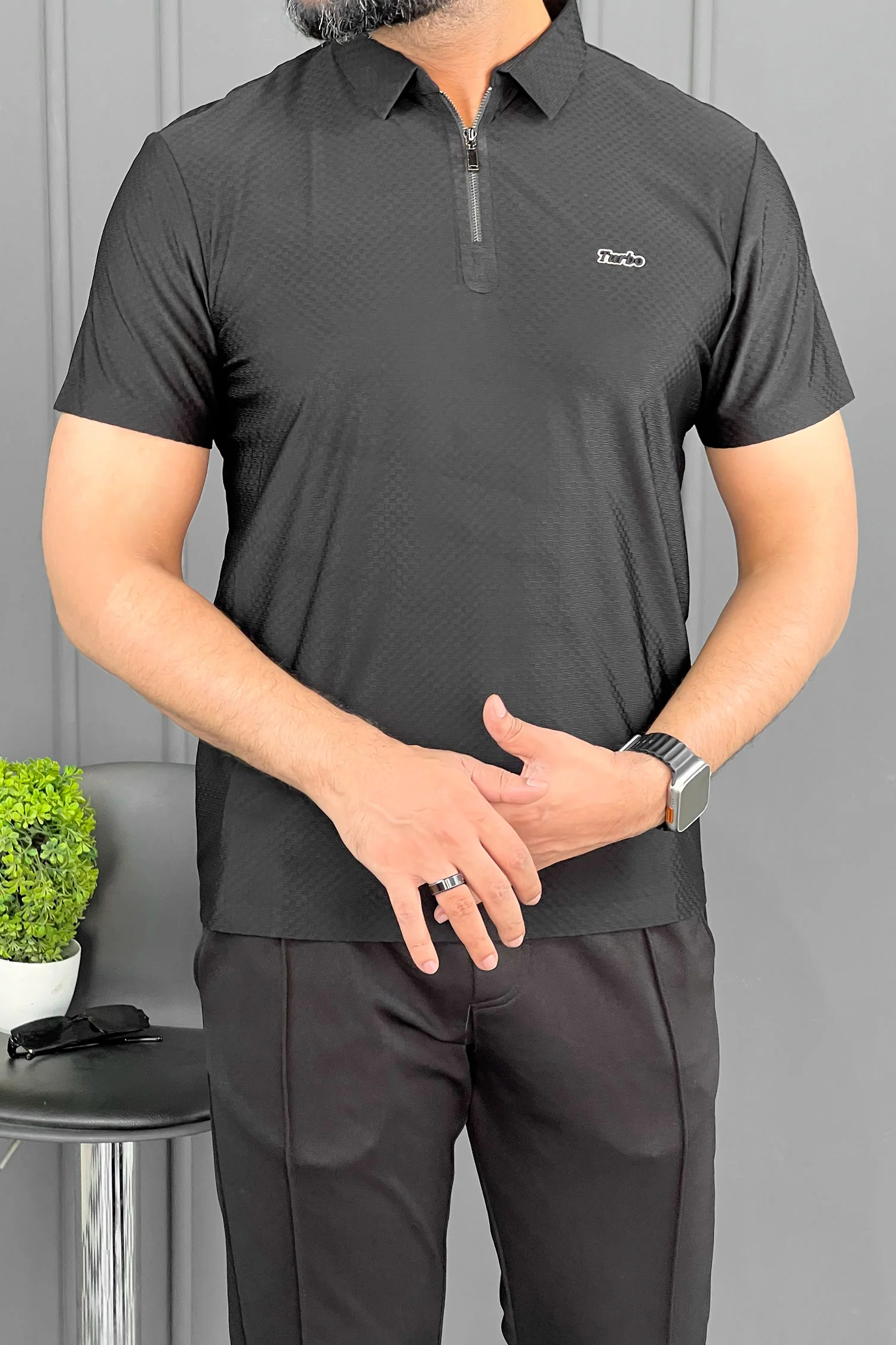 Turbo Abstract Symmetry Zip-Collar Men's Polo Shirt - Image 2