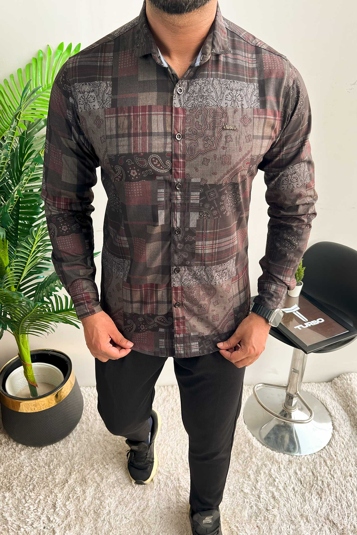 Turbo Checkered Crown Long Sleeve Cotton Casual Shirt - Image 5