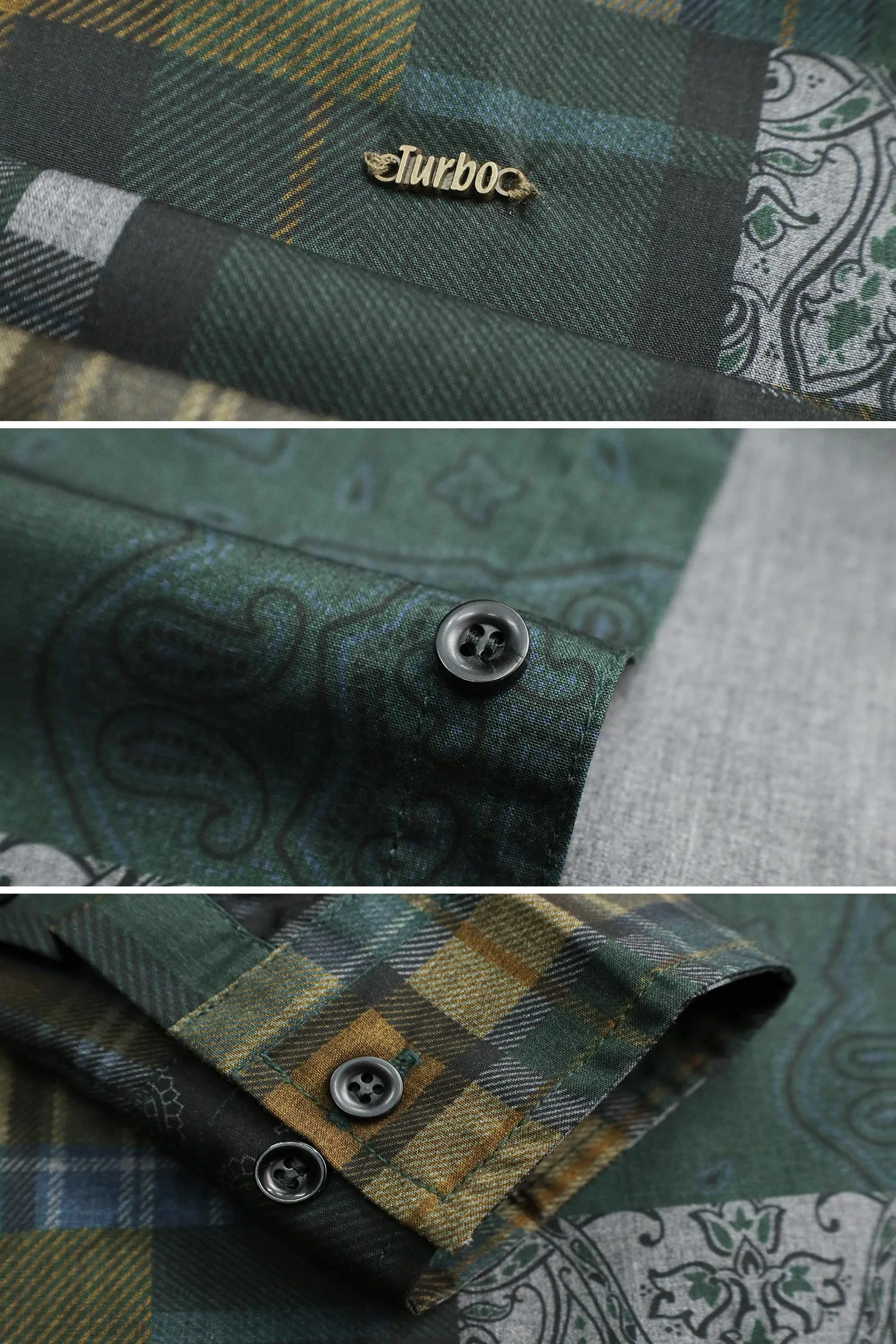 Turbo Checkered Crown Long Sleeve Cotton Casual Shirt In Dark Green - Image 3