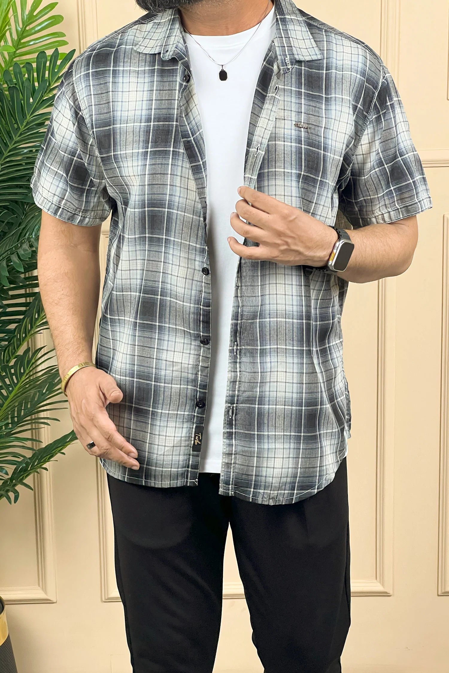 Turbo Classic Pattern Comfort Casual Shirt In Charcoal Black - Image 3