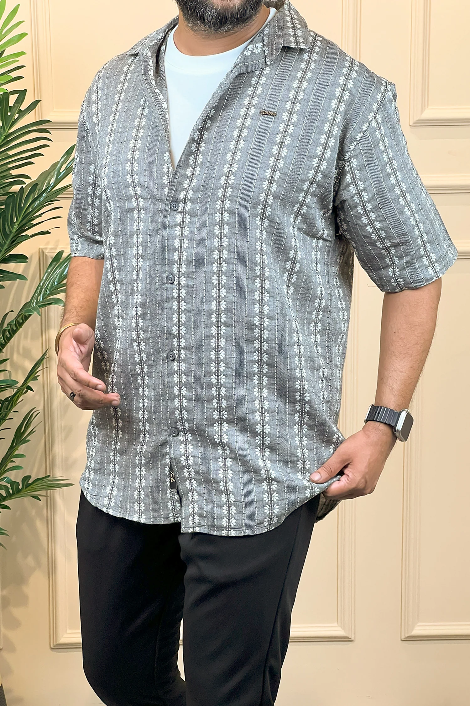 Turbo Cubin Textured Striped Casual Shirt In Charcoal Grey - Image 3