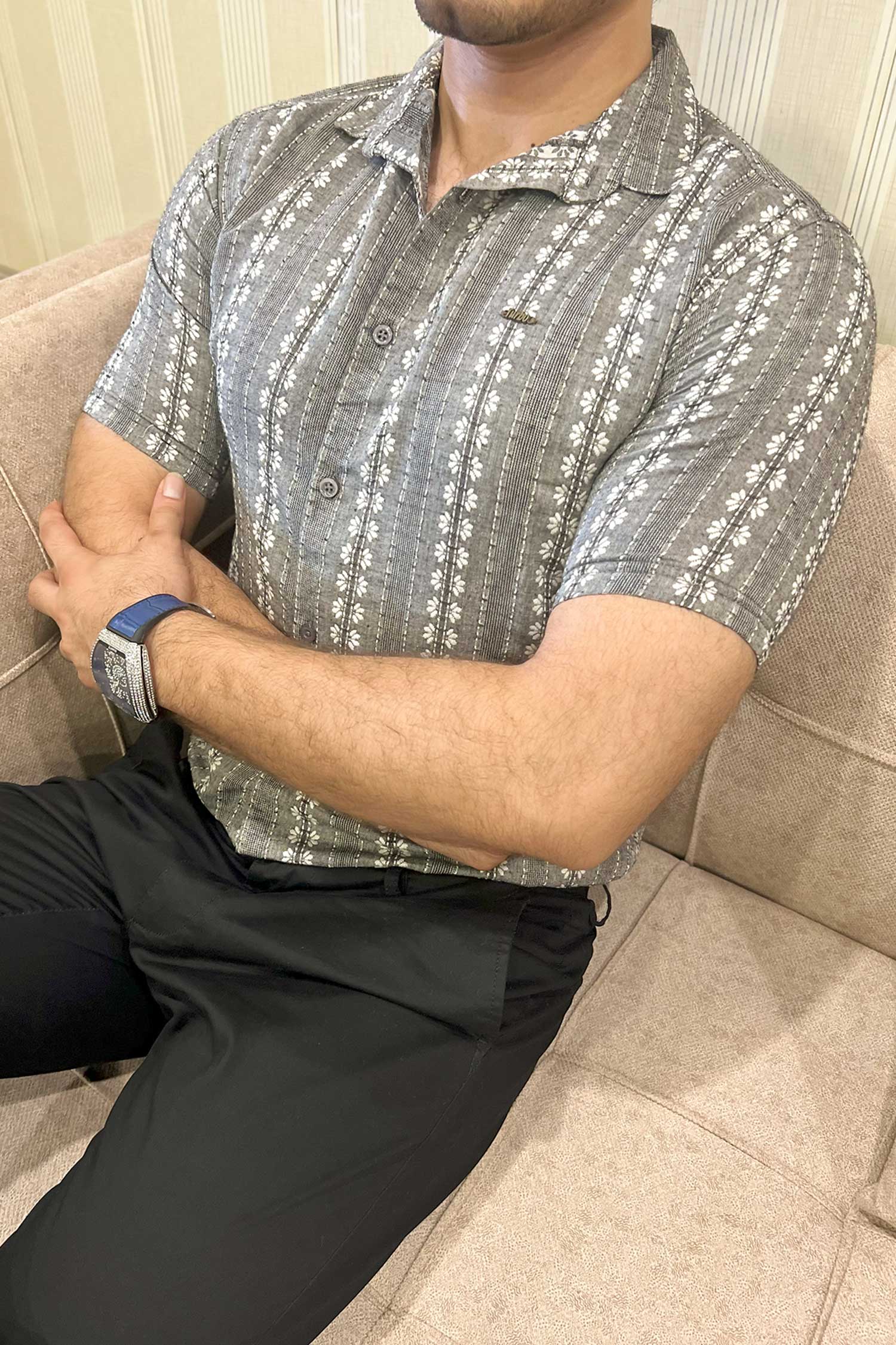 Turbo Cubin Textured Striped Casual Shirt In Charcoal Grey - Image 4