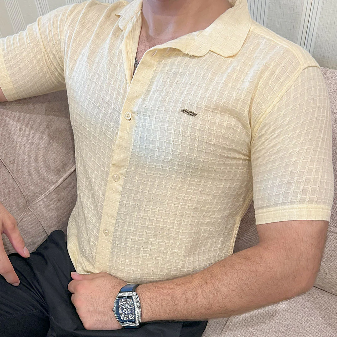 Turbo Designer Motif Embossed Casual Shirt In Light Lemon - Image 3