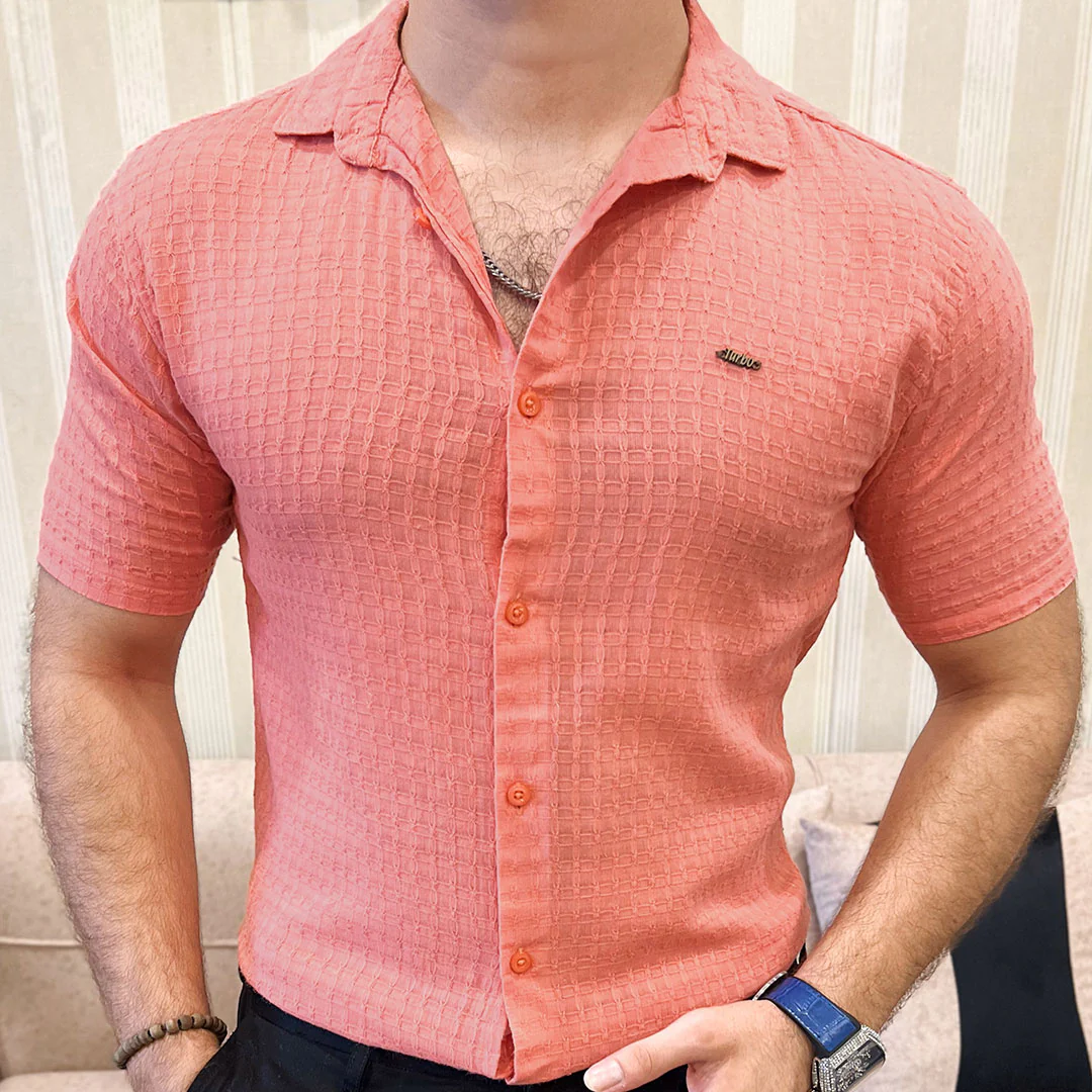 Turbo Designer Motif Embossed Casual Shirt In Pastel Pink - Image 4