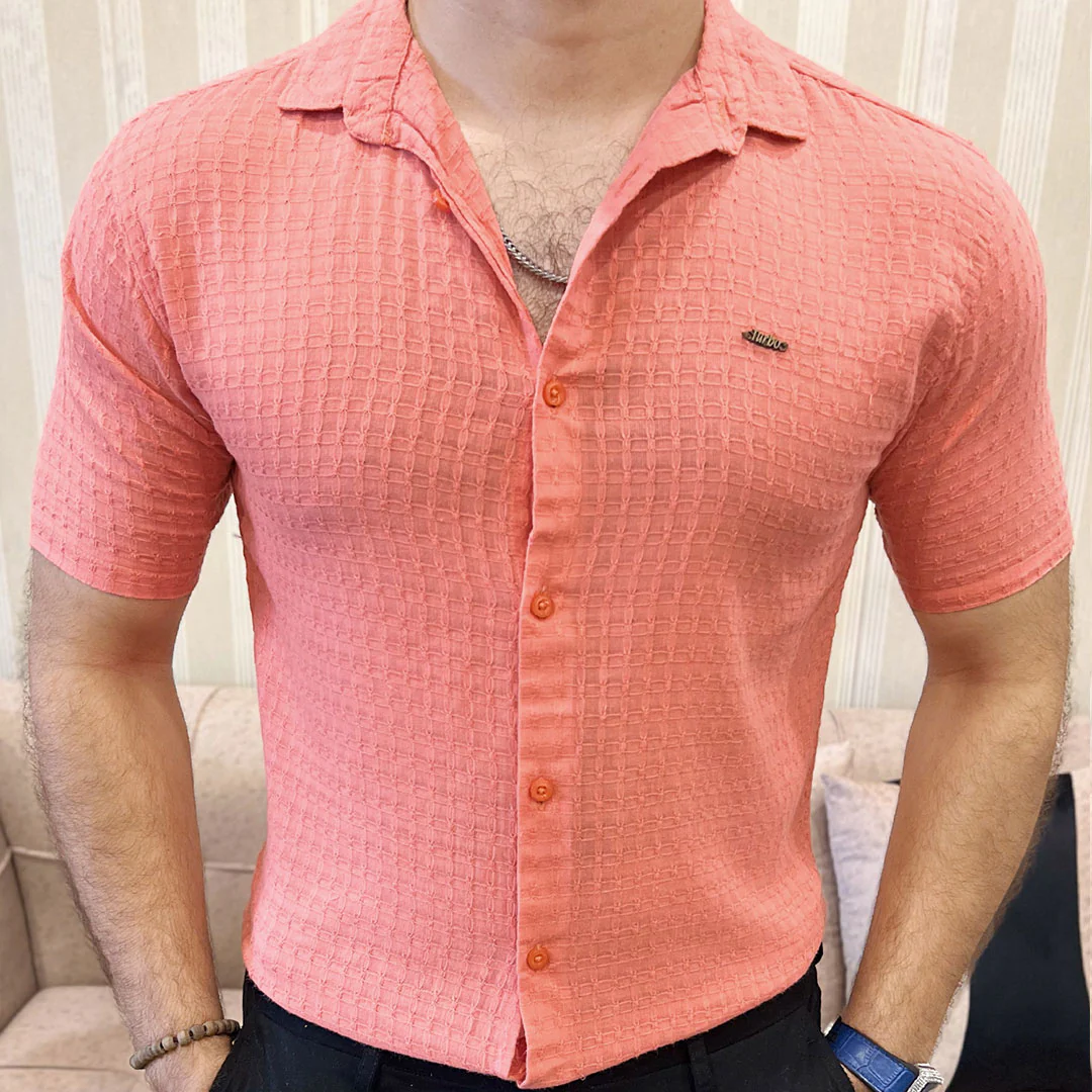 Turbo Designer Motif Embossed Casual Shirt In Pastel Pink - Image 5