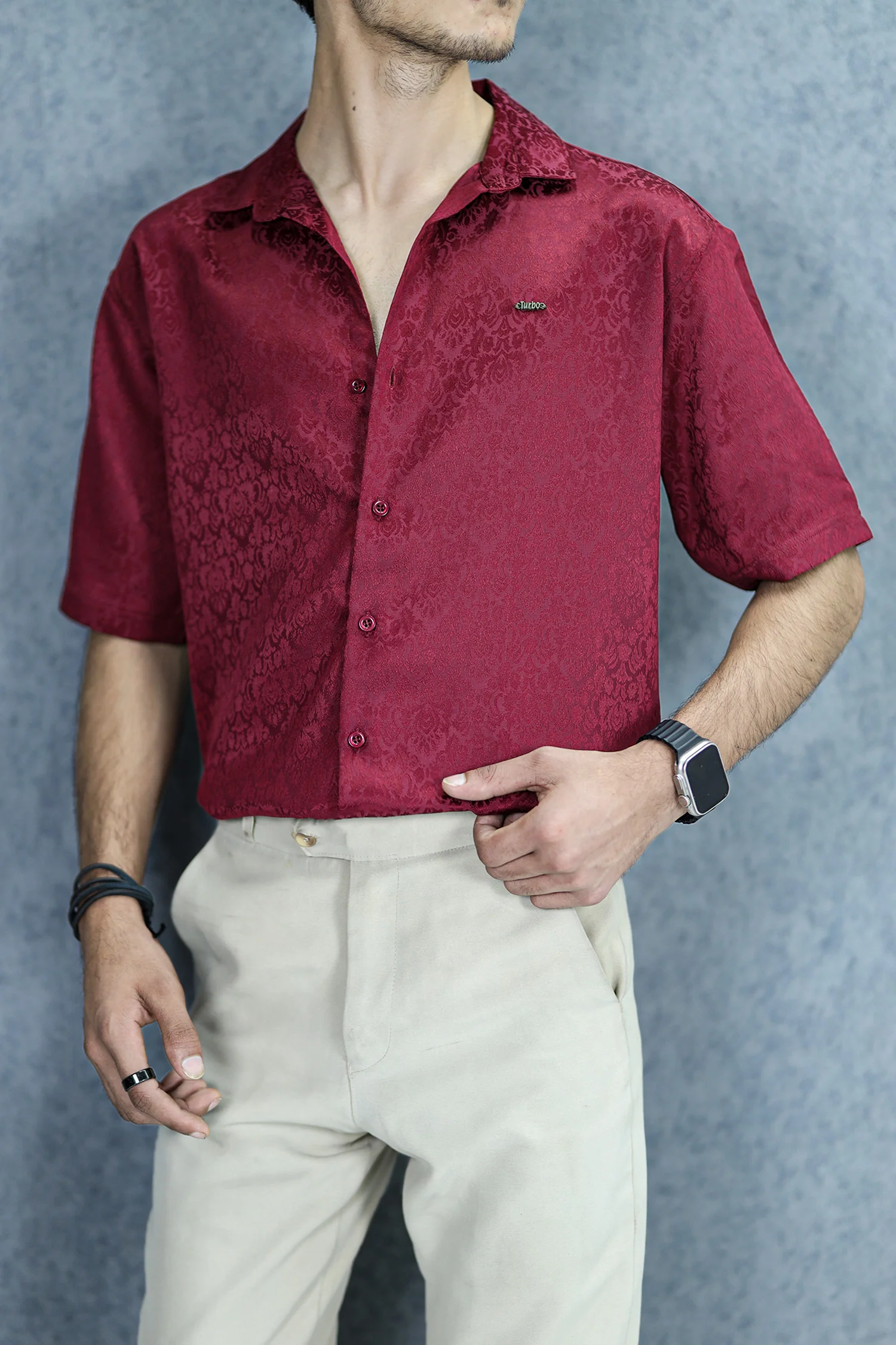 Turbo Designer Motif Floral Casual Shirt In Maroon - Image 4