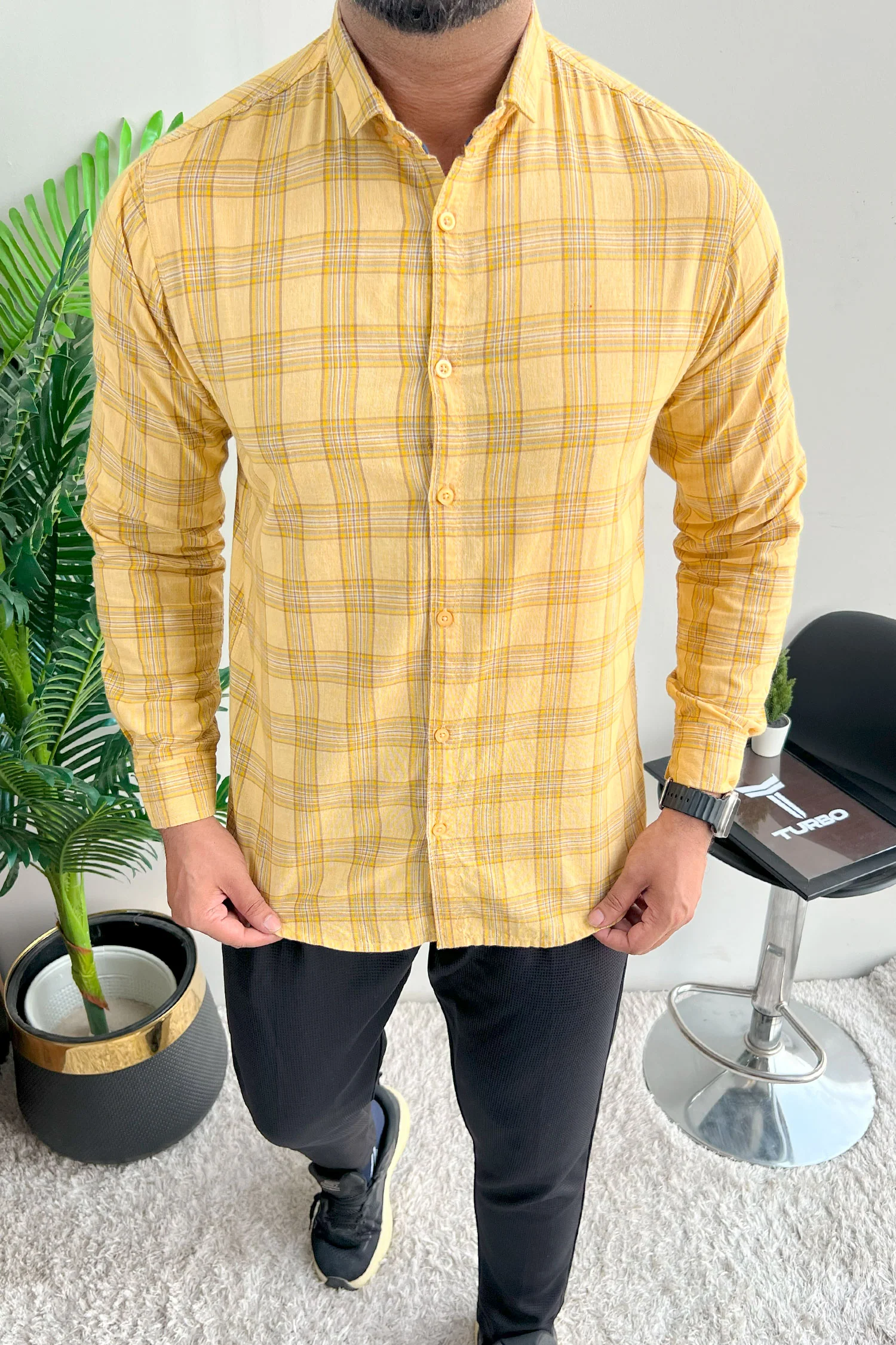 Turbo FearLess Checked Long Sleeve Cotton Casual Shirt In Light Yellow - Image 3