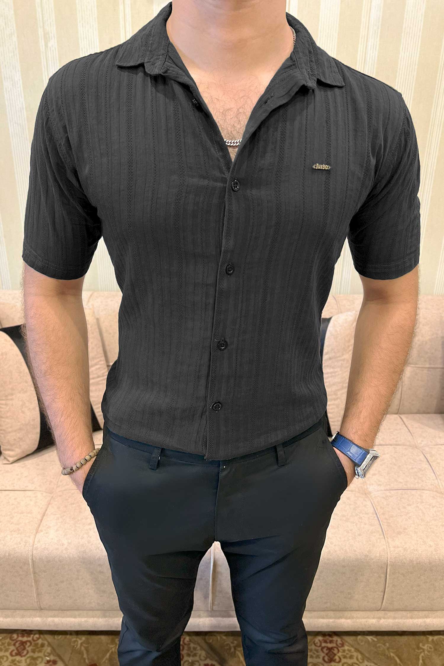 Turbo Minimalist Design Half Sleeve Casual Shirt In Black - Image 3