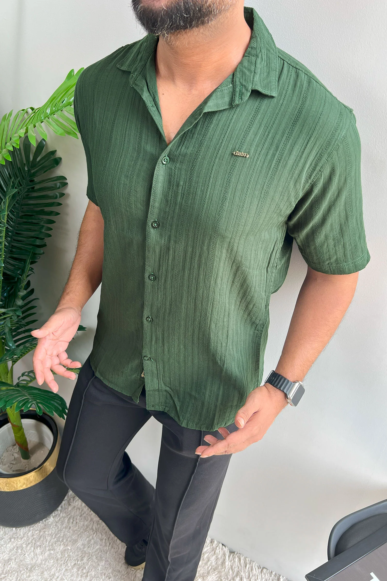 Turbo Minimalist Design Half Sleeve Casual Shirt In Dark Green - Image 2