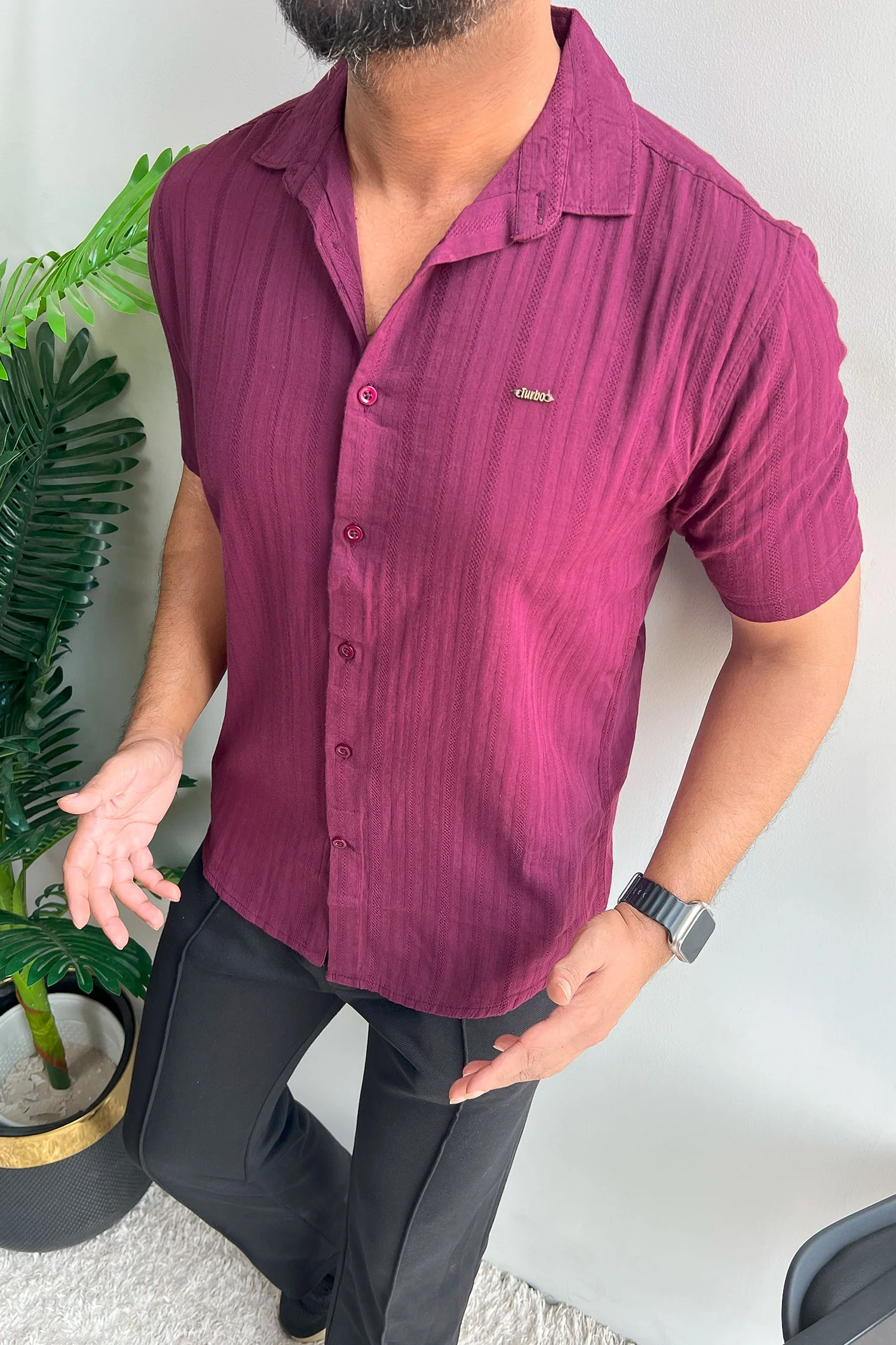 Turbo Minimalist Design Half Sleeve Casual Shirt In Plum - Image 2