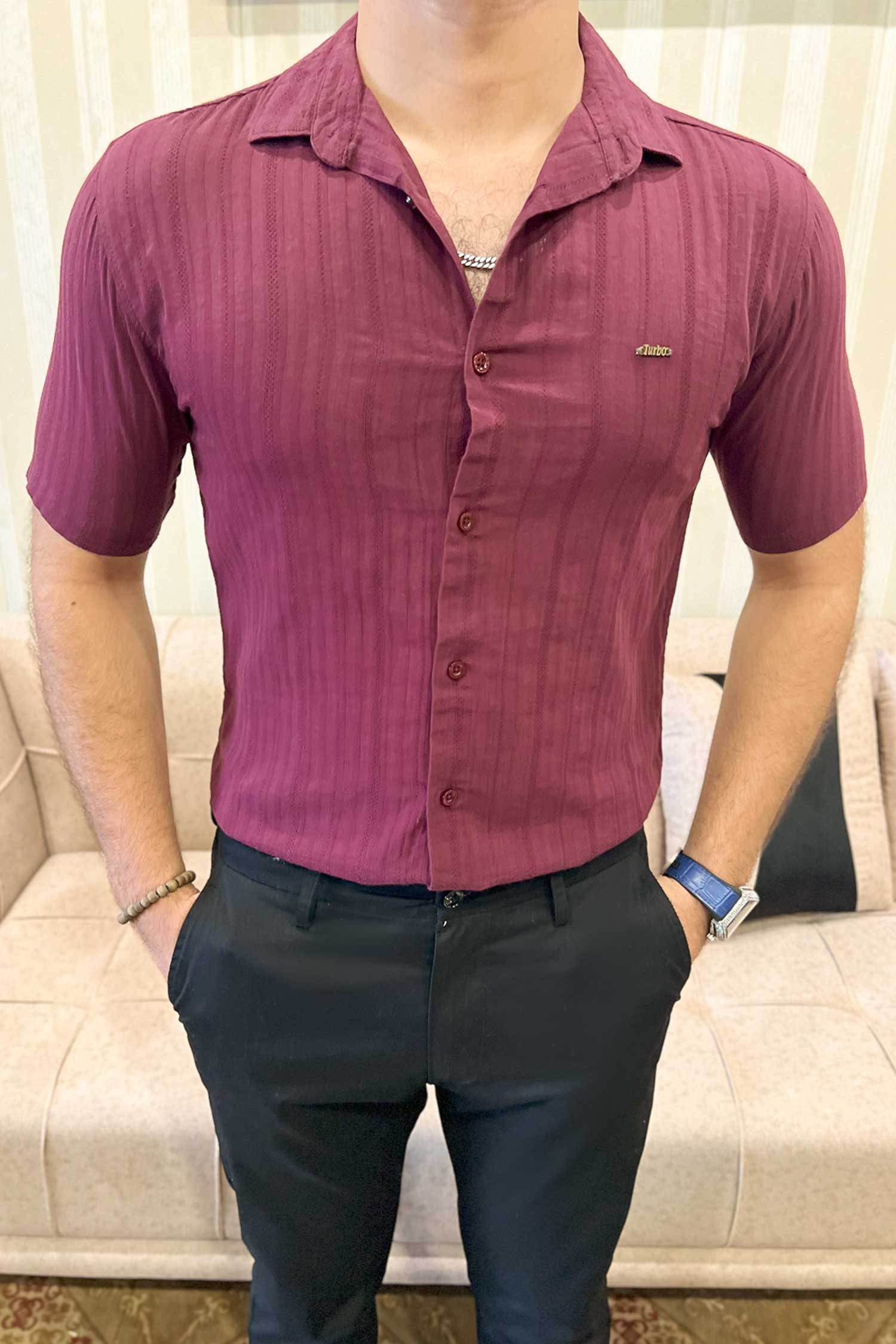 Turbo Minimalist Design Half Sleeve Casual Shirt In Plum - Image 5
