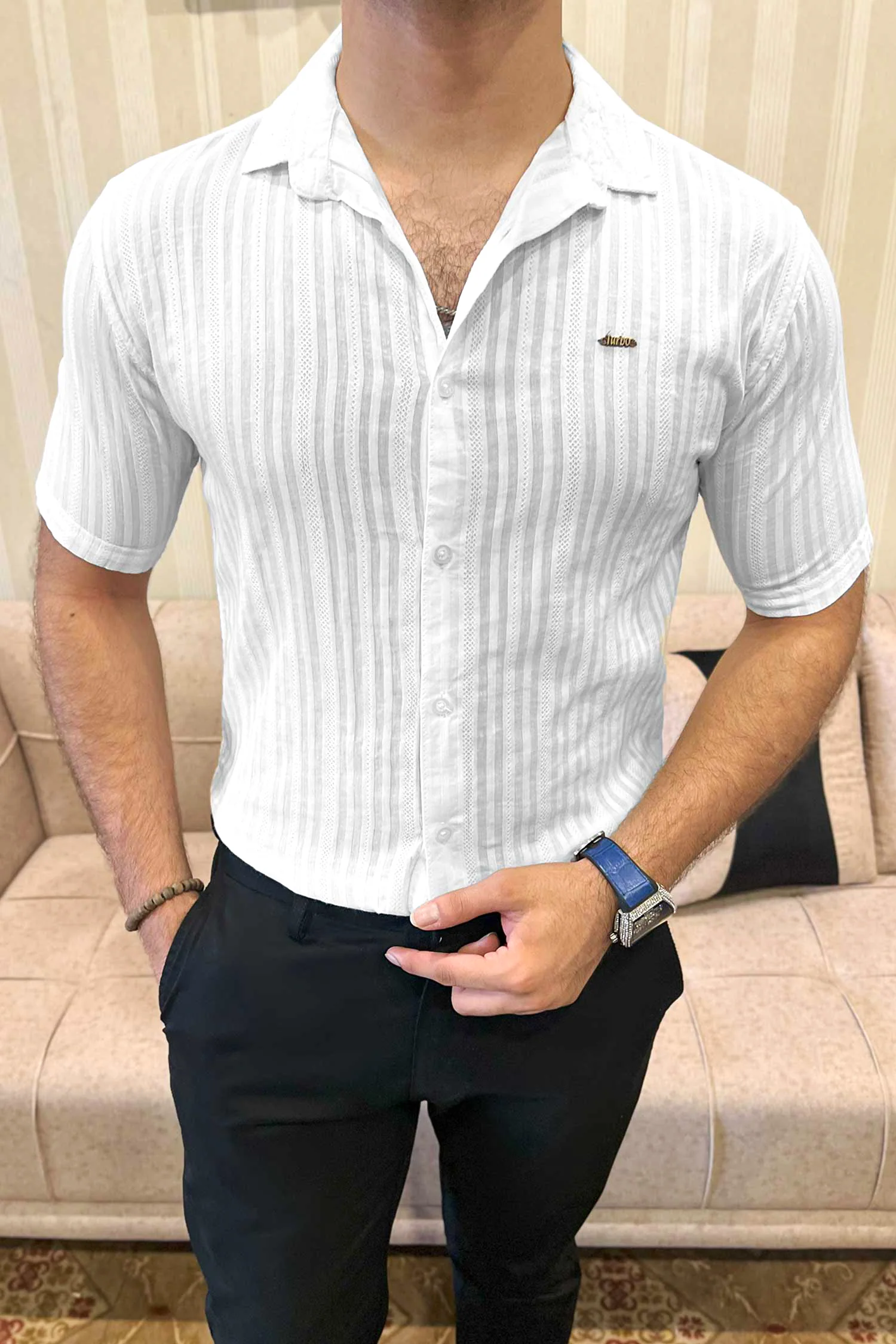 Turbo Minimalist Design Half Sleeve Casual Shirt In White - Image 5