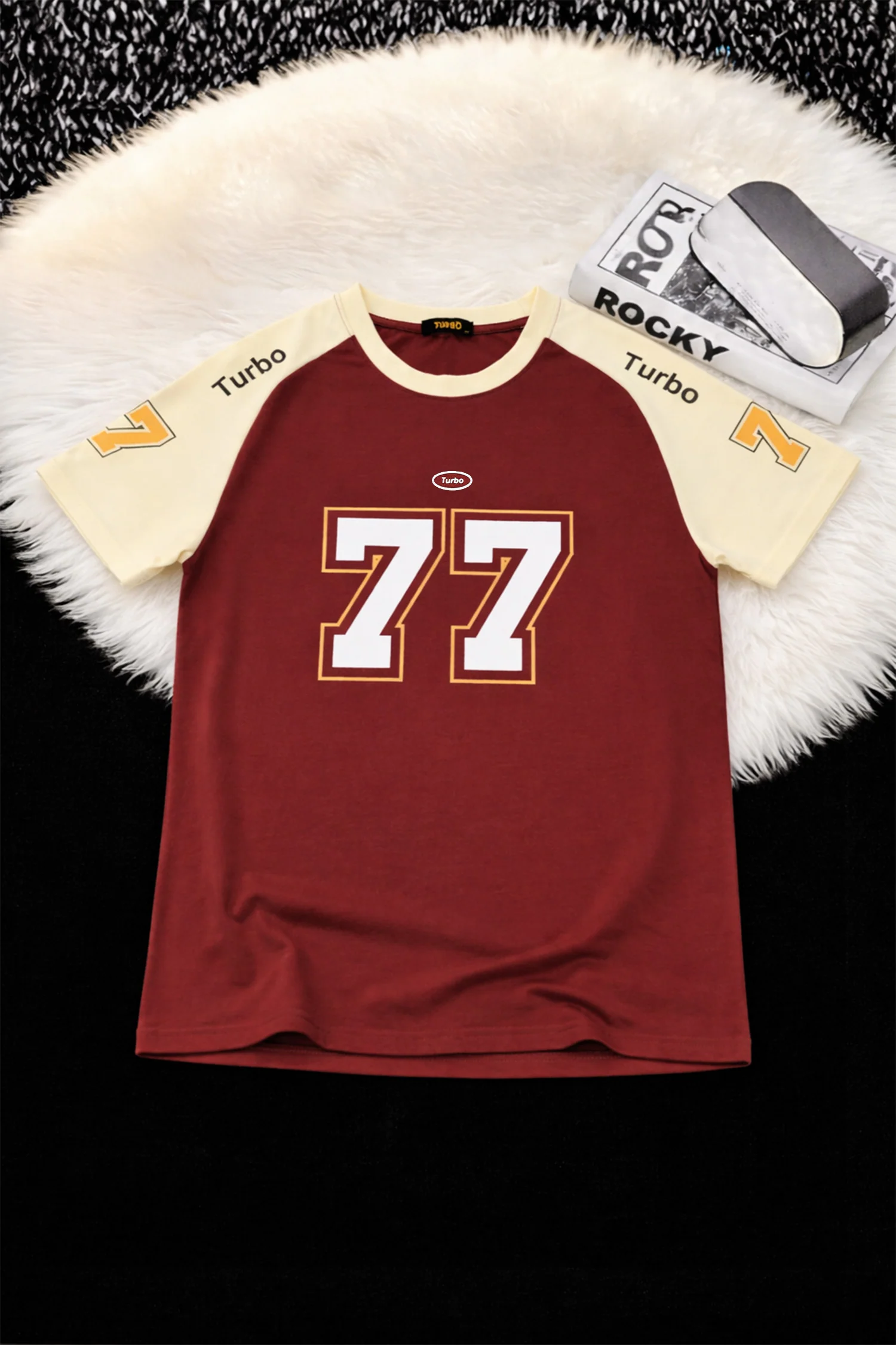 Turbo Numeric '77' Down Shoulder Men's Tee In Maroon - Image 3