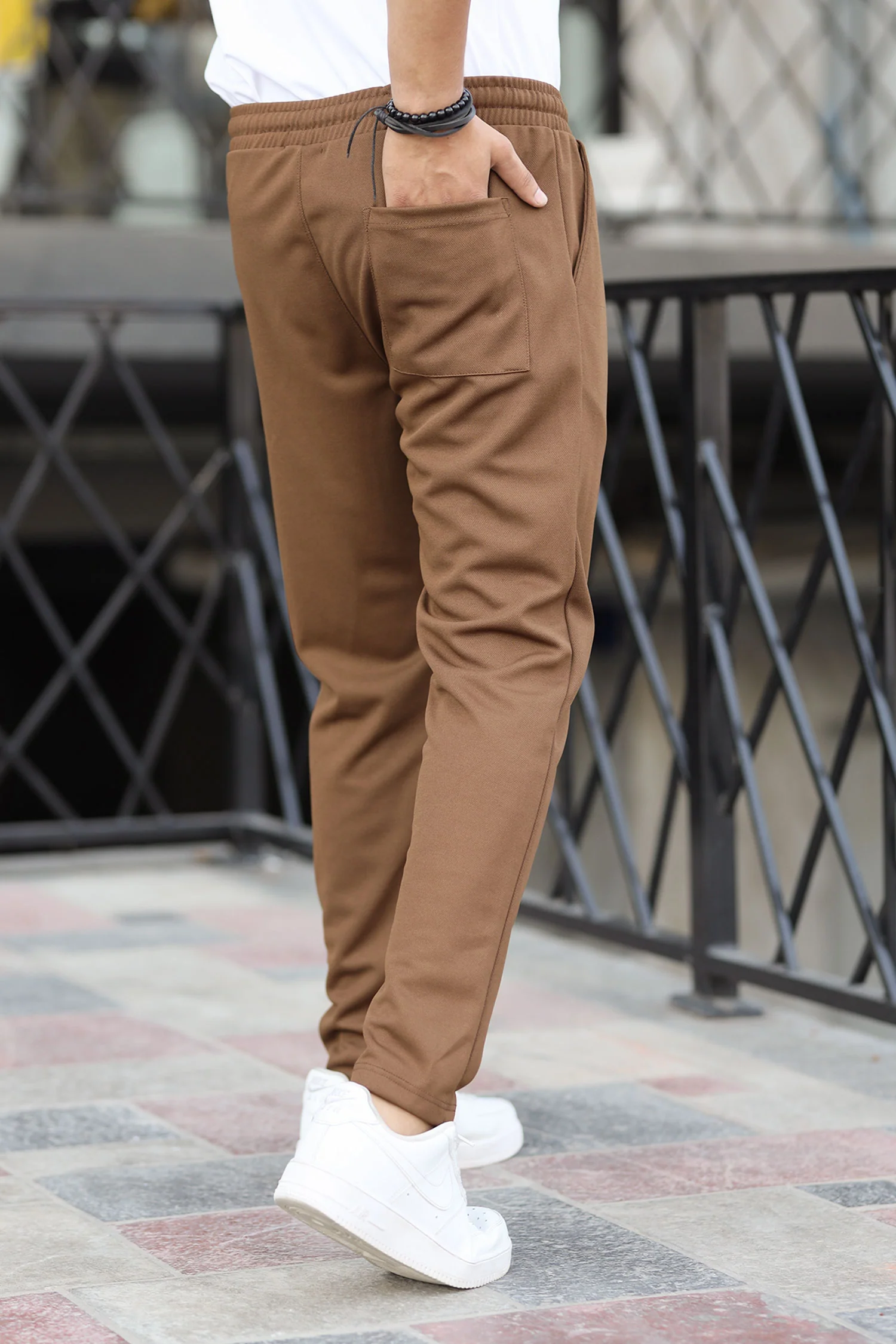 Turbo Pique Textured Double Plate SlimFit Trouser In Brown - Image 4