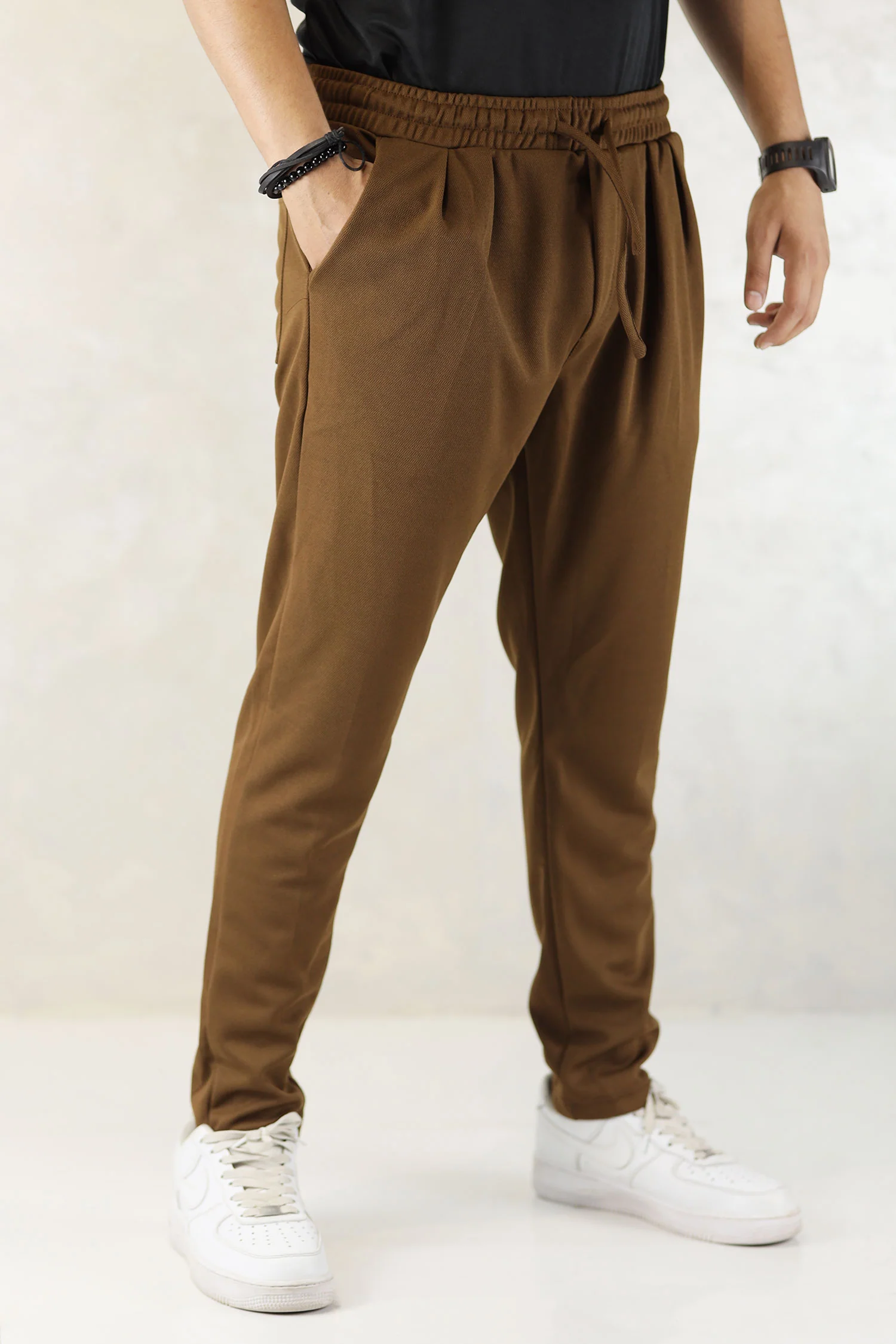 Turbo Pique Textured Double Plate SlimFit Trouser In Brown - Image 3