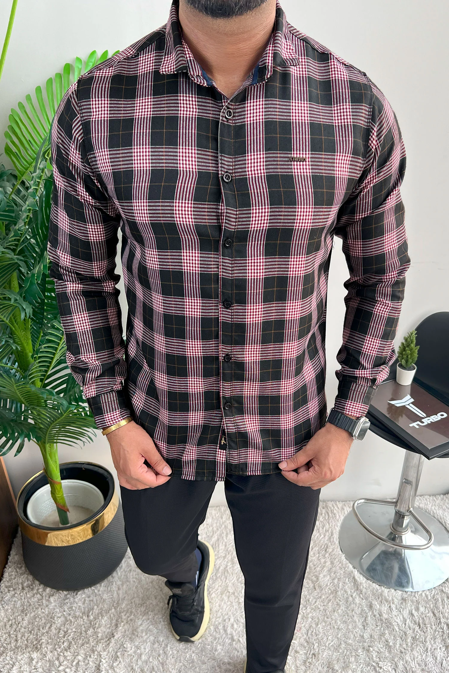 Turbo Plaid Pattern Creation Long Sleeve Cotton Casual Shirt In Black - Image 3