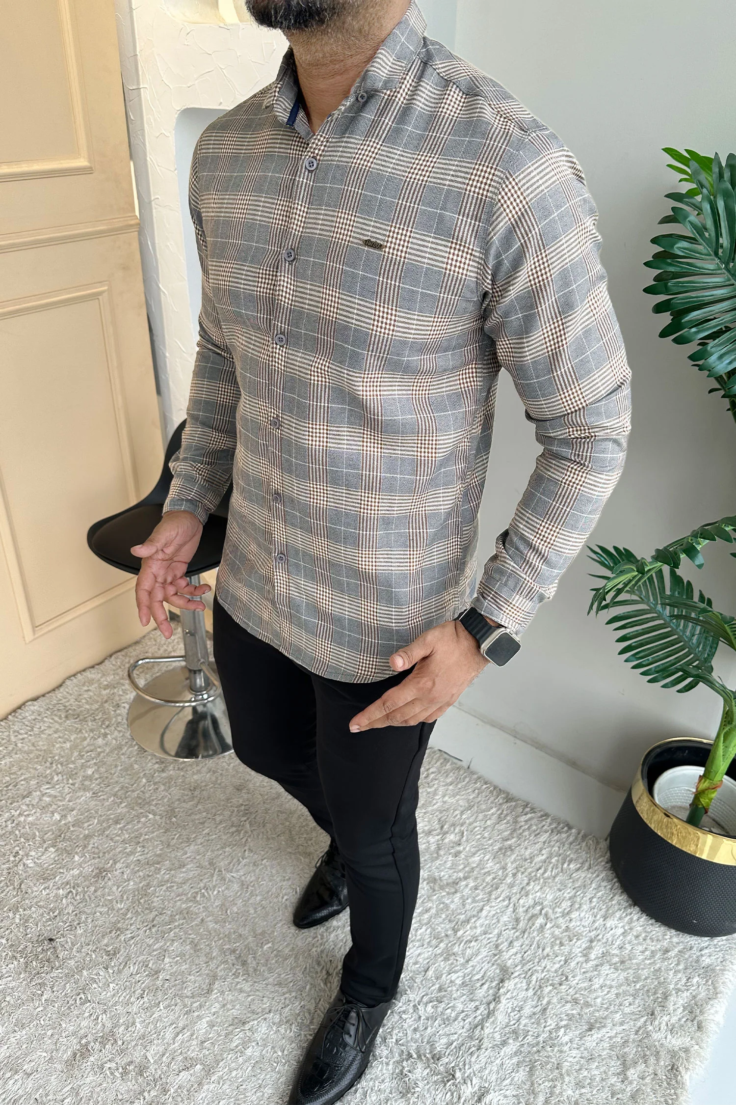 Turbo Plaid Pattern Creation Long Sleeve Cotton Casual Shirt In Grey - Image 2