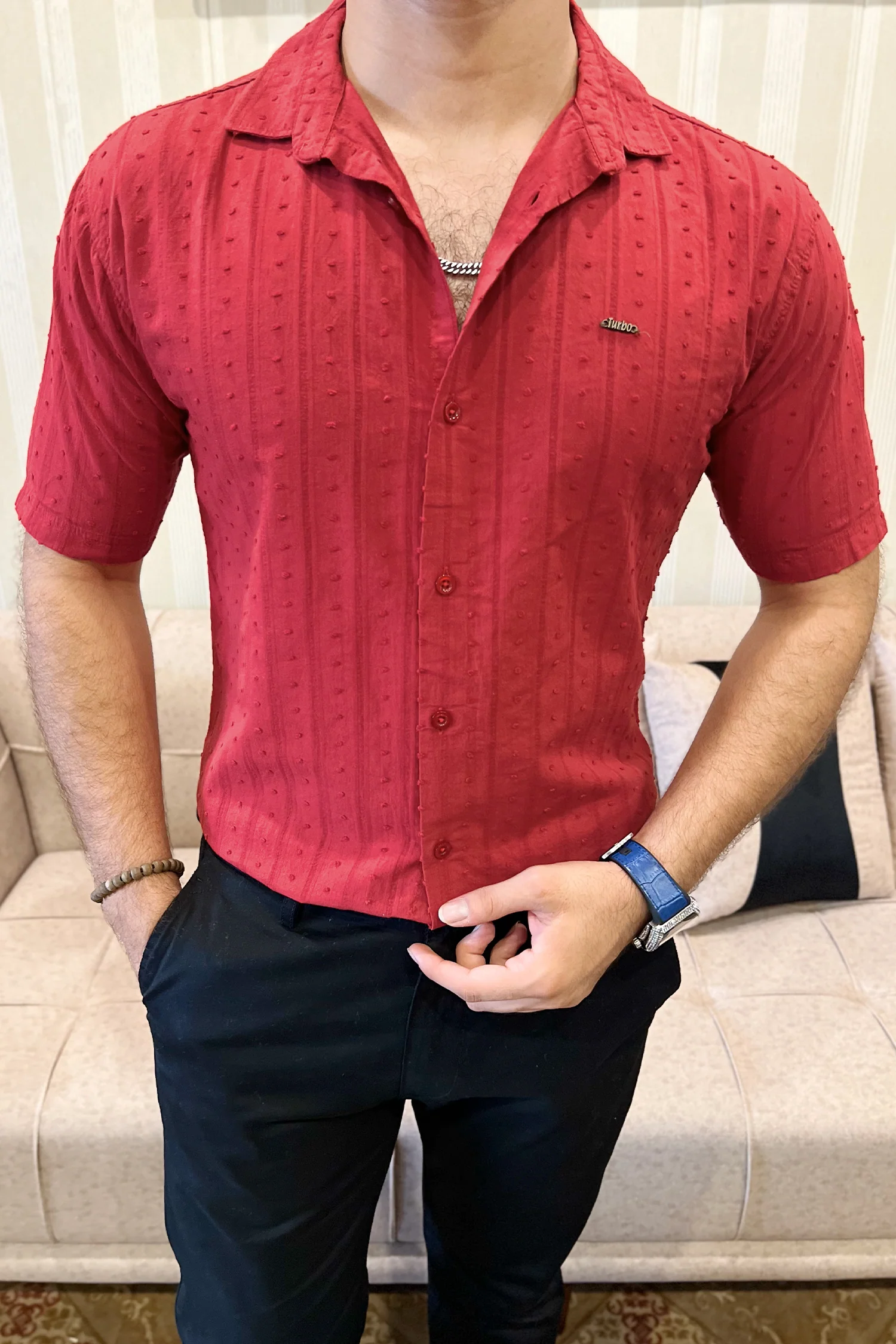 Turbo Puff Clasic Thread Casual Shirt In Maroon - Image 2