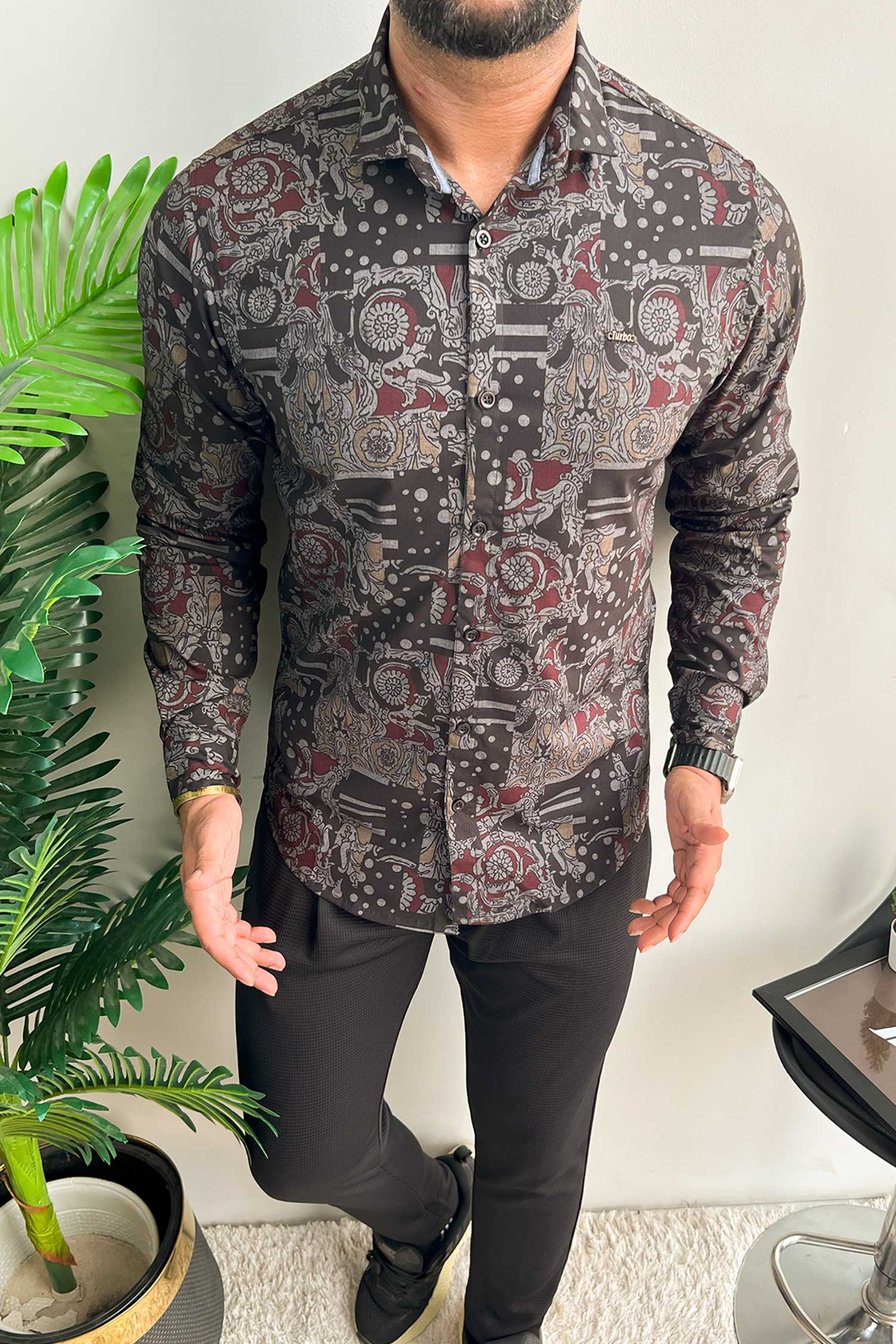 Turbo Retro Flower Motif Long Sleeve Cotton Casual Shirt - Image 7