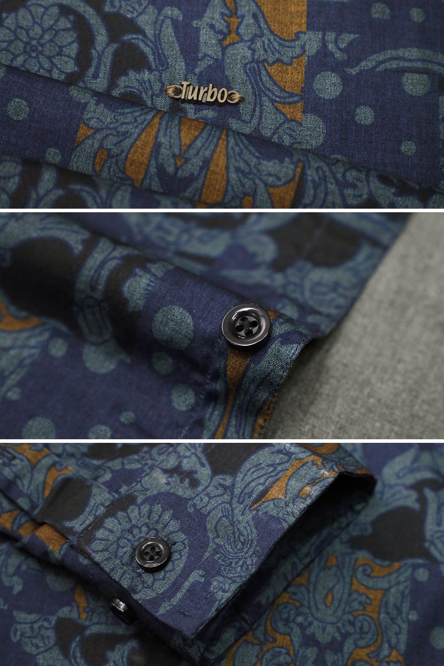 Turbo Retro Flower Motif Long Sleeve Cotton Casual Shirt In Blue - Image 3