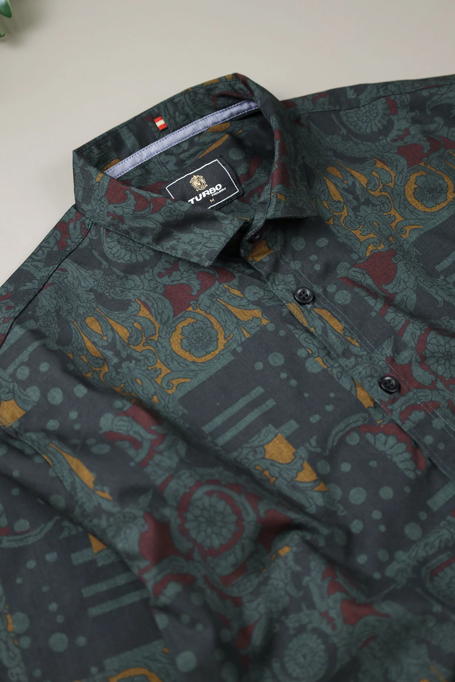 Turbo Retro Flower Motif Long Sleeve Cotton Casual Shirt In Dark Green - Image 3