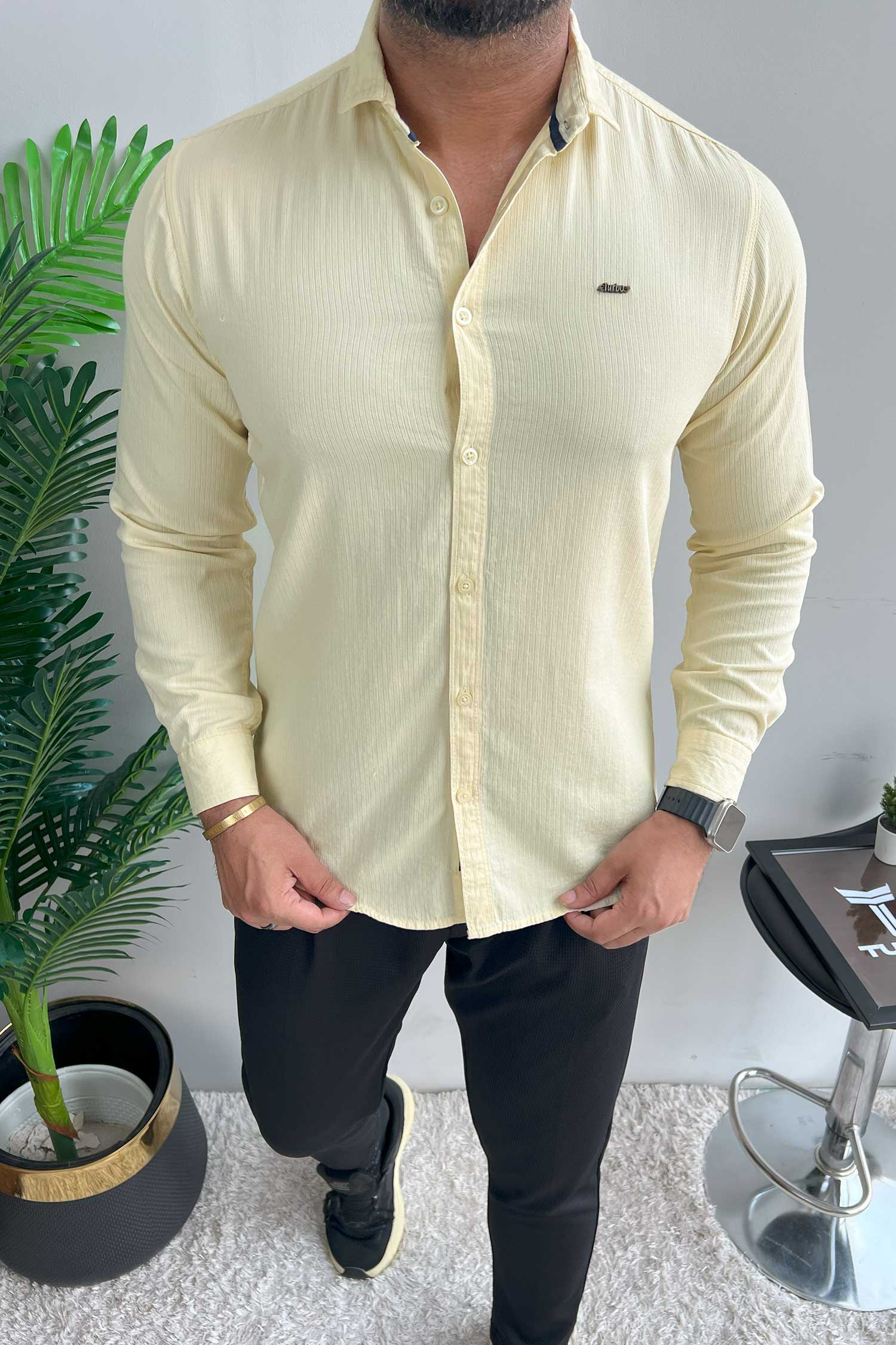Turbo Self Lining Long Sleeve Cotton Casual Shirt In Light Lemon - Image 3