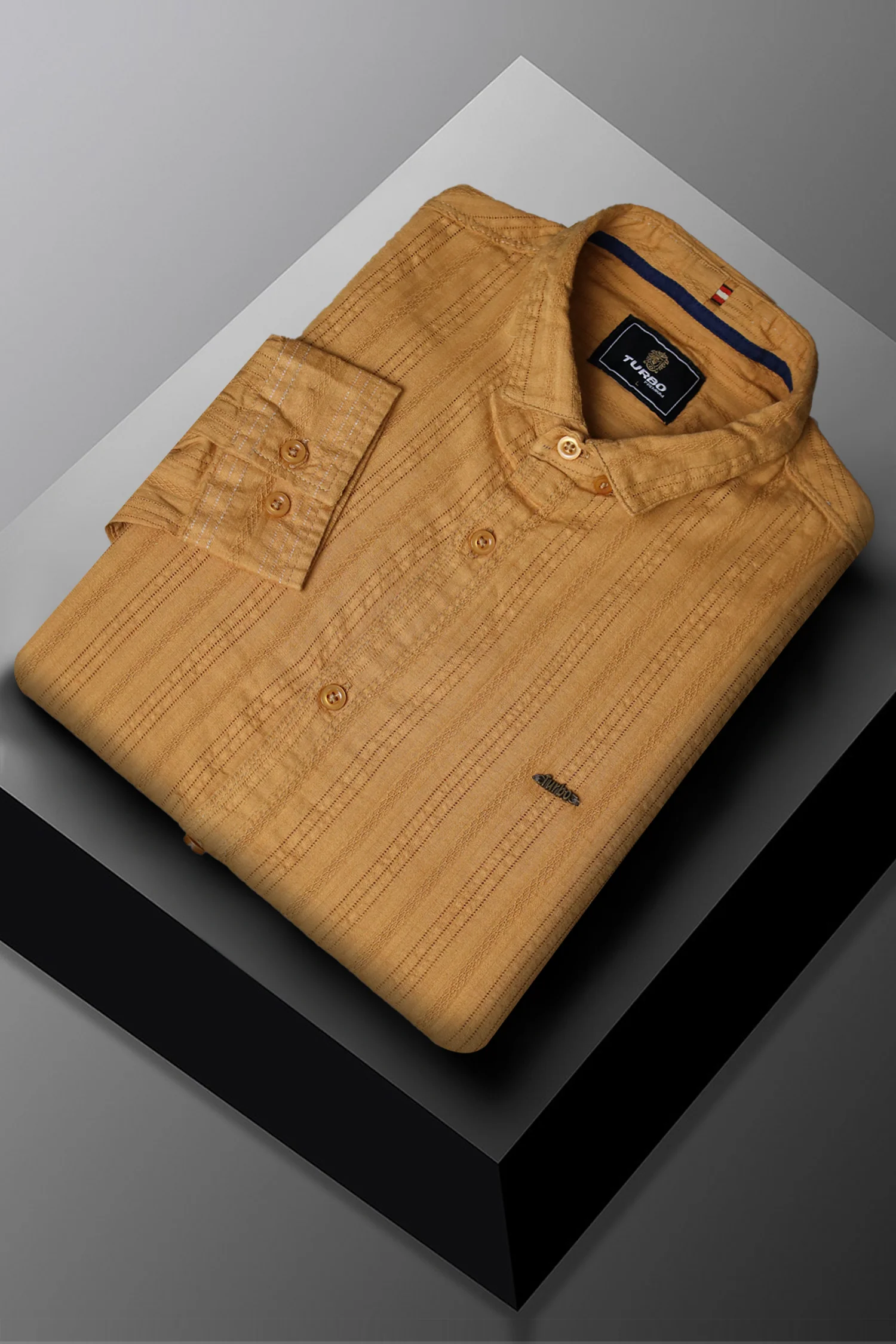 Turbo Self Stripe Motif Long Sleeve Cotton Casual Shirt - Image 3