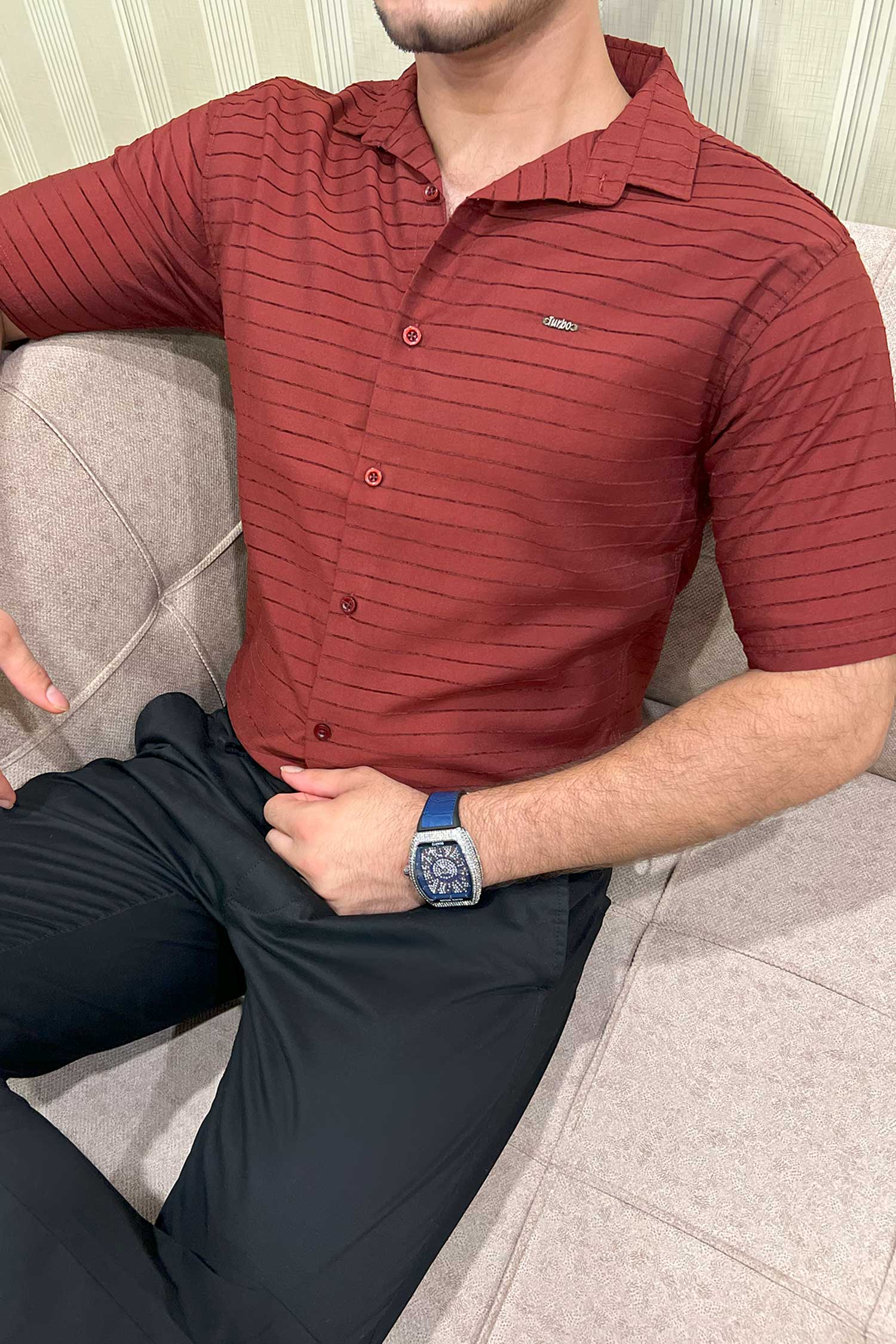 Turbo Snitch Striped Casual Shirt In Maroon - Image 4