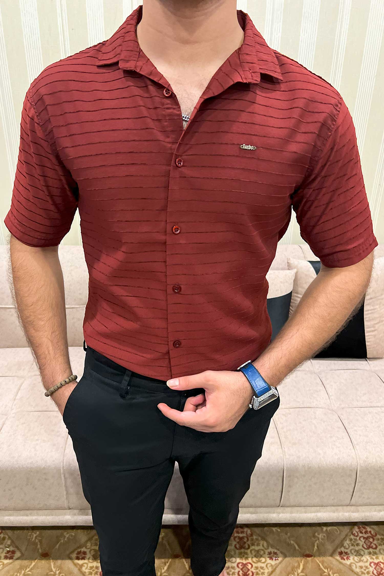 Turbo Snitch Striped Casual Shirt In Maroon - Image 5