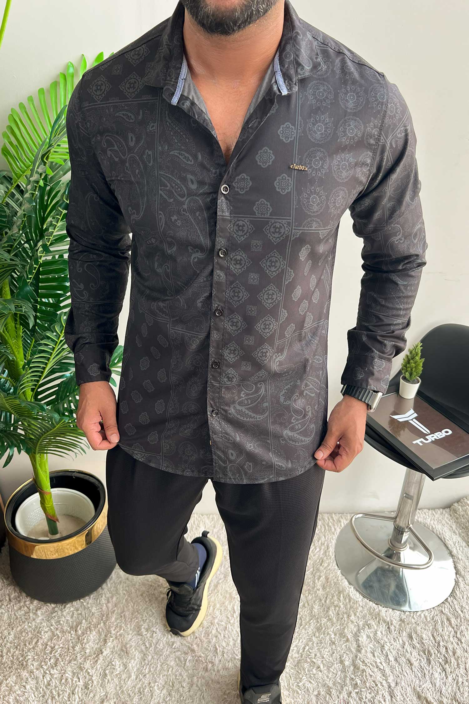 Turbo Splash Printed Long Sleeve Cotton Casual Shirt In Black - Image 3
