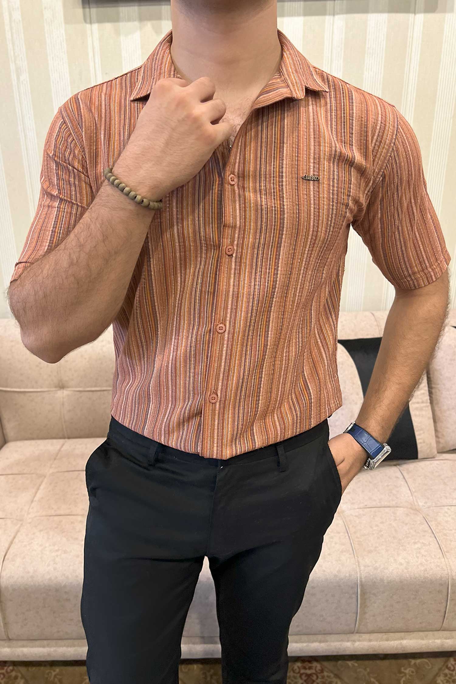 Turbo Spring Edit Textured Casual Shirt In Red Brick - Image 3