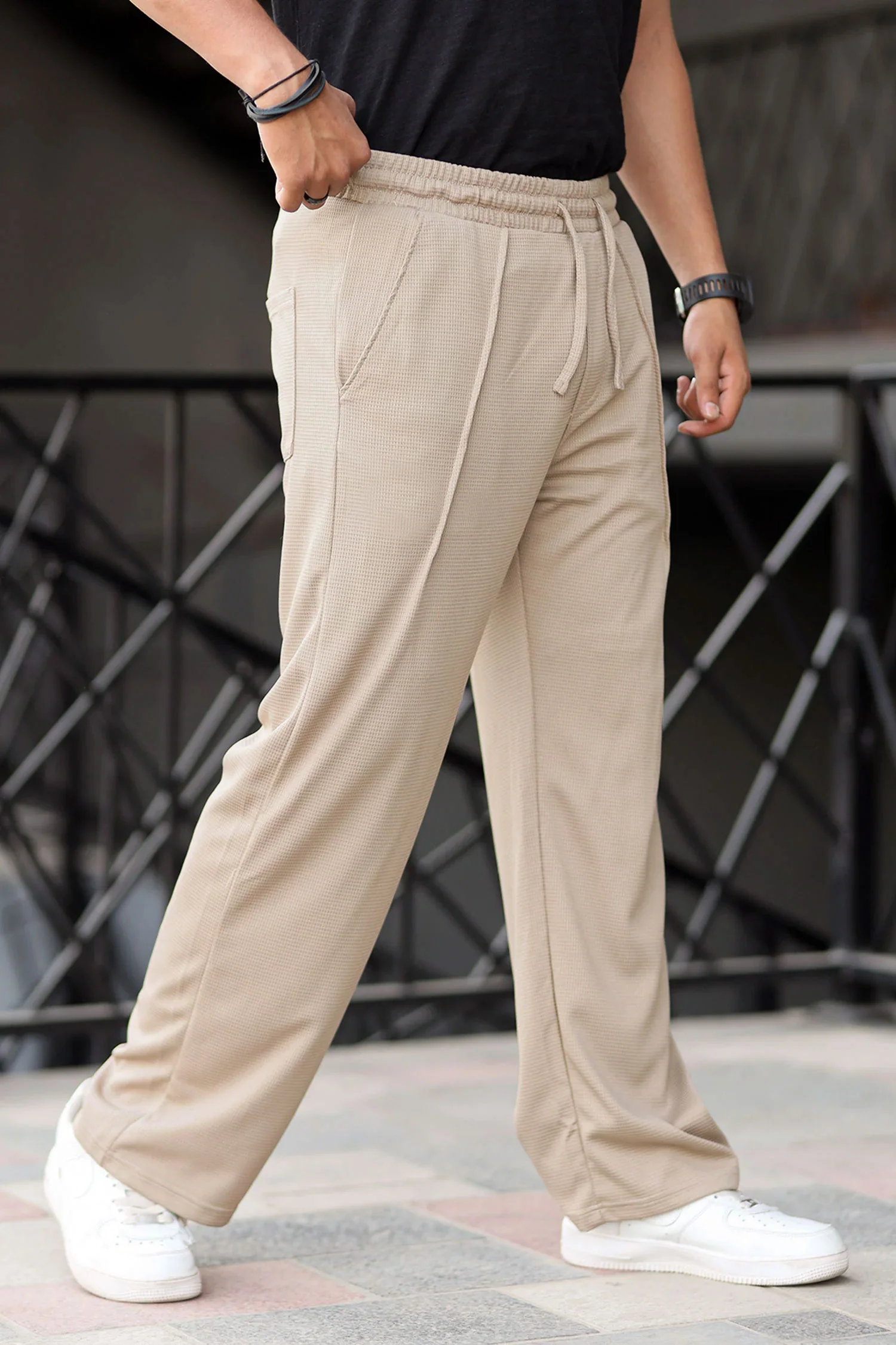 Turbo Summer Thin Waffle Textured Loose Bottom Trouser In Skin - Image 3