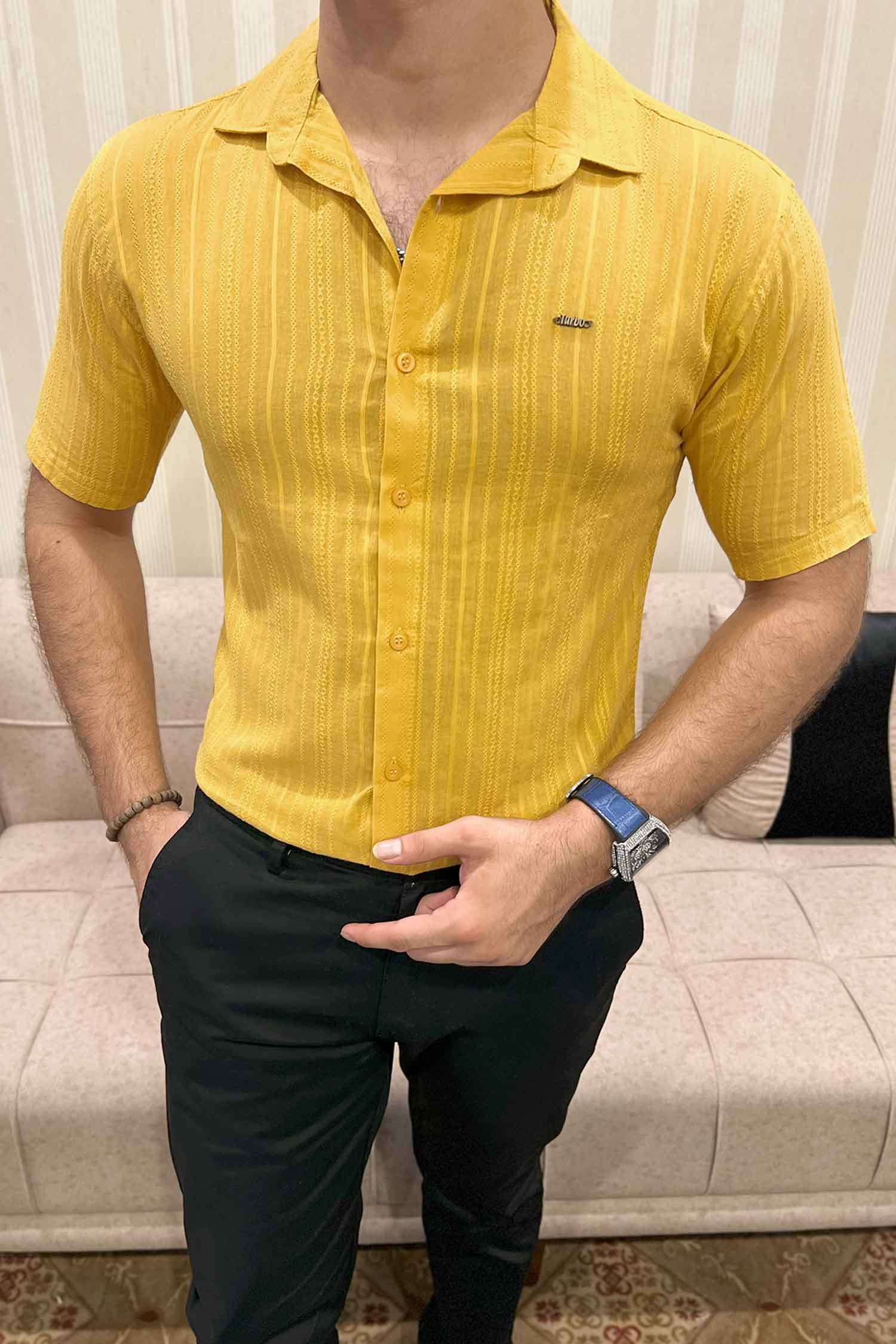 Turbo Textured Champ Casual Shirt In Mustard Yellow - Image 3