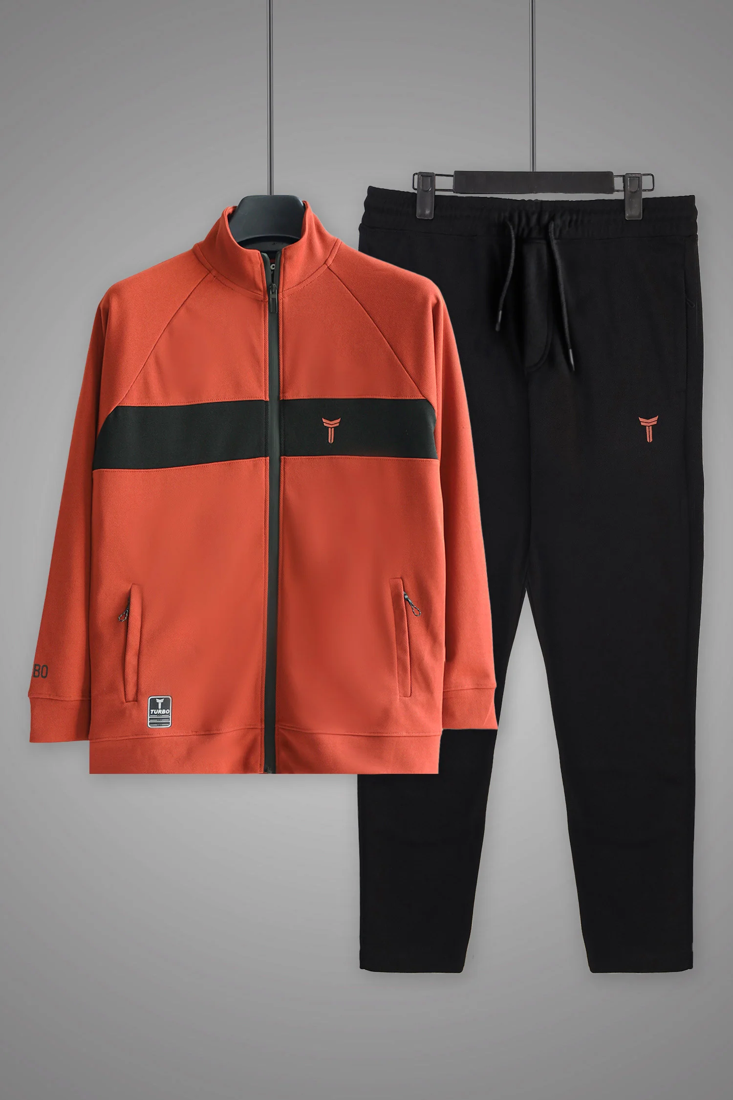 Turbo TrainFit Panel Mock Neck Zipper Tracksuit In Black&Rust - Image 6