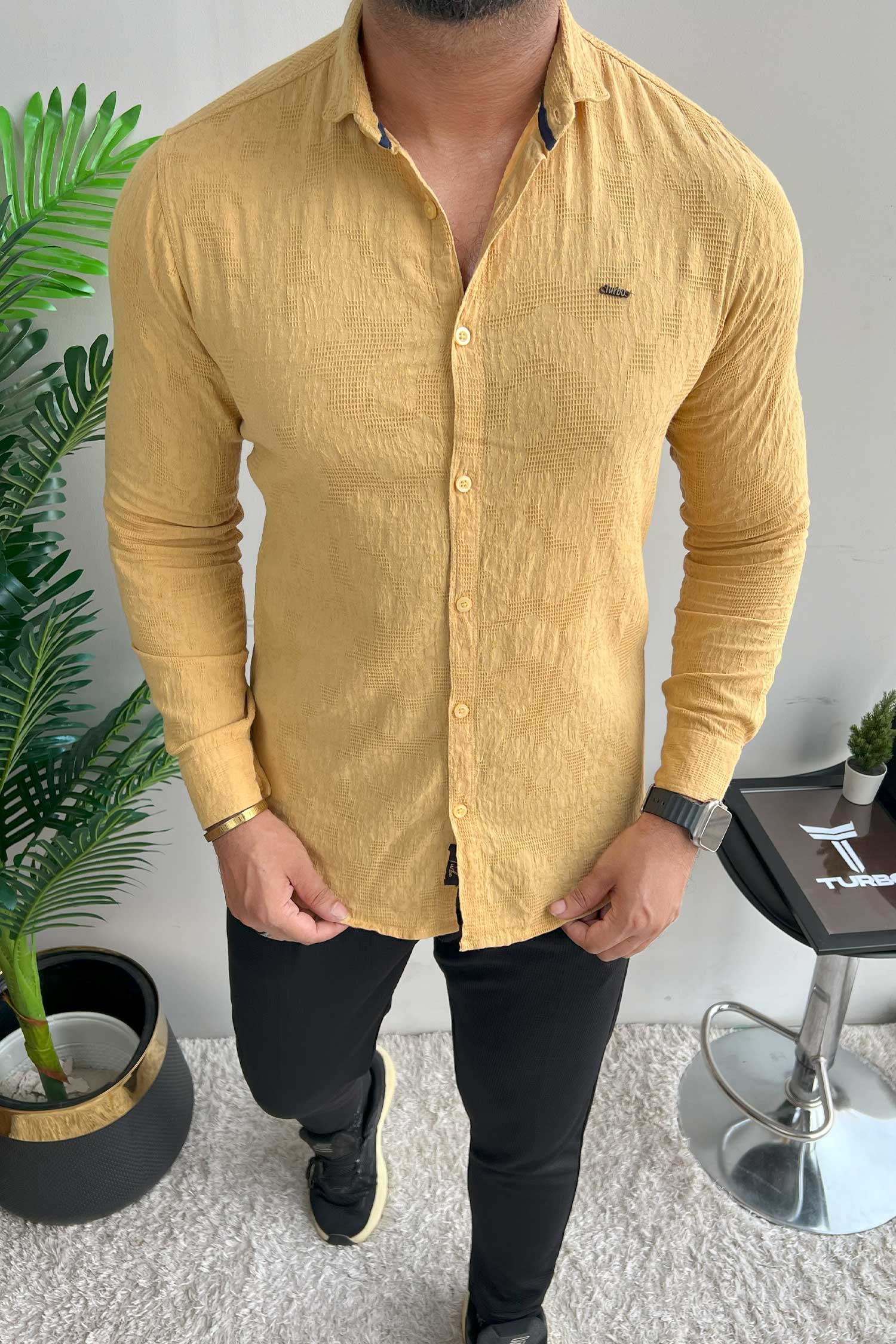 Turbo Vintage Patterend Long Sleeve Cotton Casual Shirt In Khaaki - Image 3